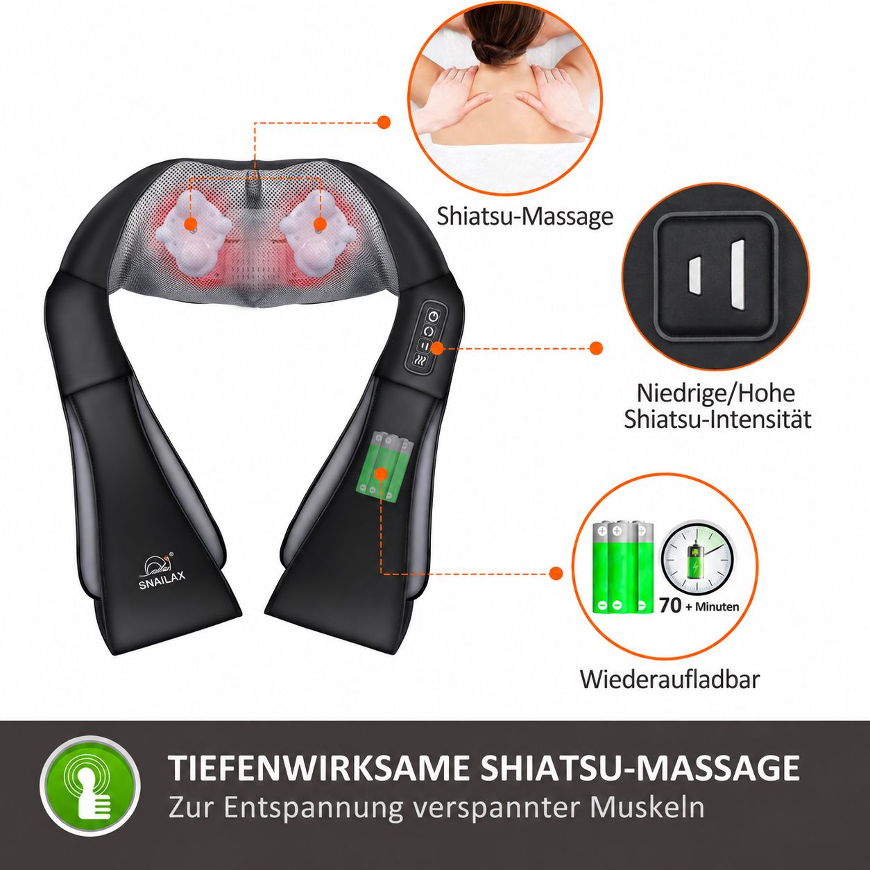 Nackenmassagegerät mit Shiatsu-Knetknoten, einstellbarer Intensität und wiederaufladbarem Akku.