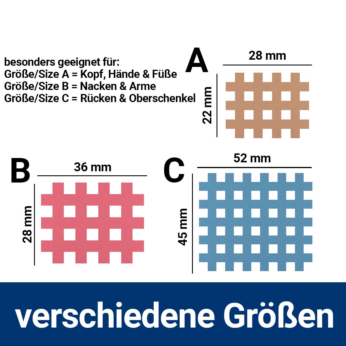 HIXO Gitterpflaster Cross Tape Größen A (28x22mm), B (36x28mm), C (52x45mm) mit farbigen Gittern.