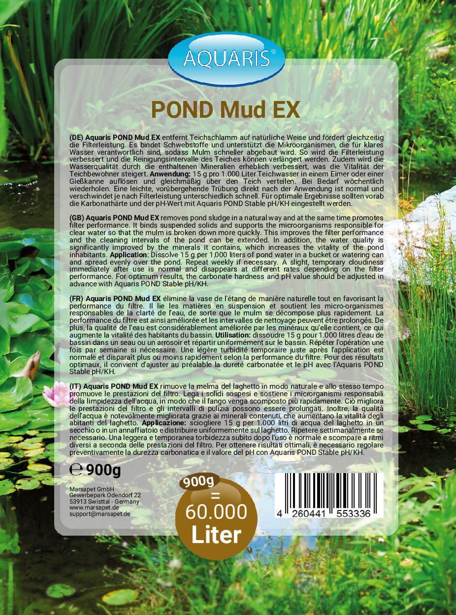 Rückseite der Produktverpackung mit AQUARIS-Logo und Produktname POND Mud EX. Text in Deutsch, Englisch, Französisch, Italienisch.