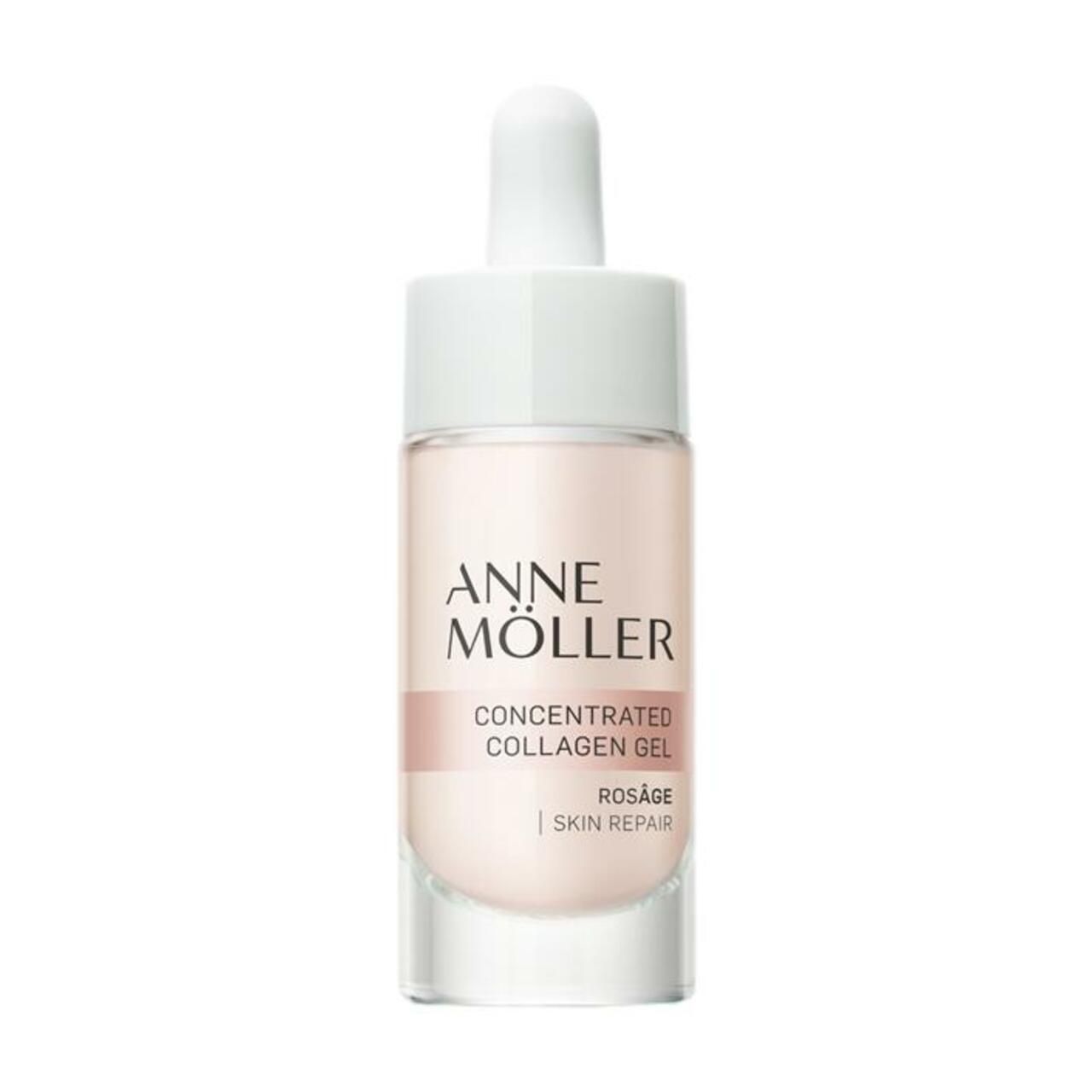 Anne Möller Rosâge Collagen Concentrated Gel. Rosa Flüssigkeit in Glasflasche mit weißem Deckel und Pipette. Schriftzug.