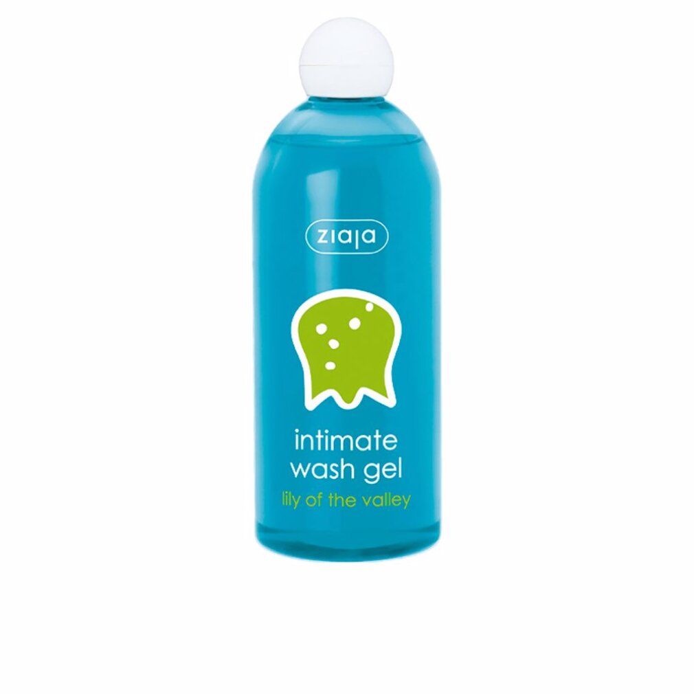 Türkisblaue Flasche mit weißem Deckel. Aufschrift: ziaja, Intimate Wash Gel, Lily of the valley. Grünes Logo.