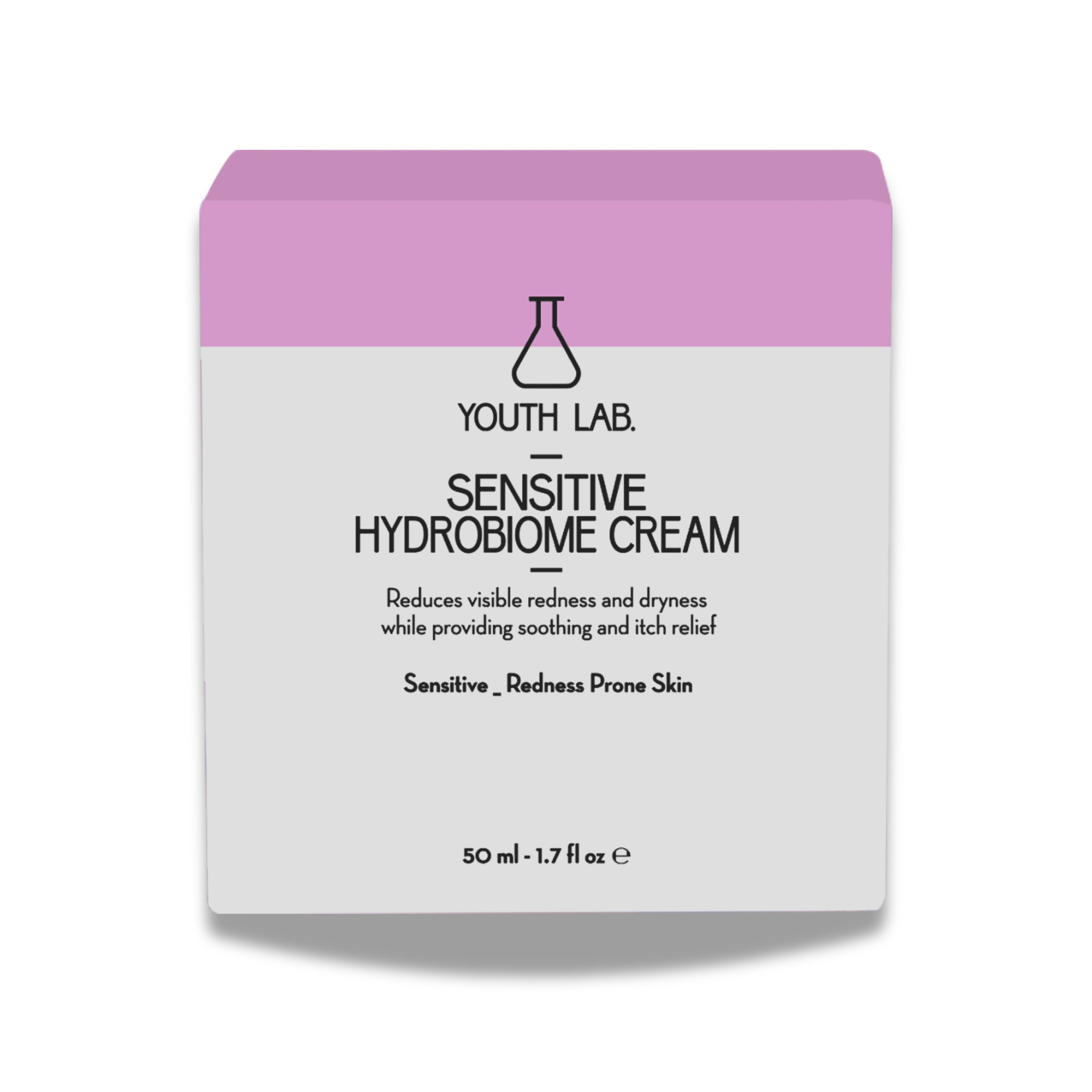 Verpackung von YOUTH LAB SENSITIVE HYDROBIOME CREAM. Rosa-weiße Schachtel. Text: Reduziert Rötungen und Trockenheit. 50 ml.