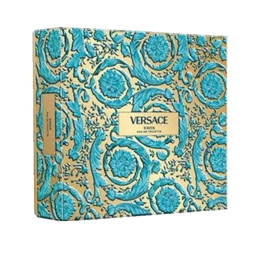 Verpackung mit blau-goldenen Ornamenten. Rechteckige Form. Text: Versace Eros Eau de Toilette. Goldfarbenes Etikett mit Logo.