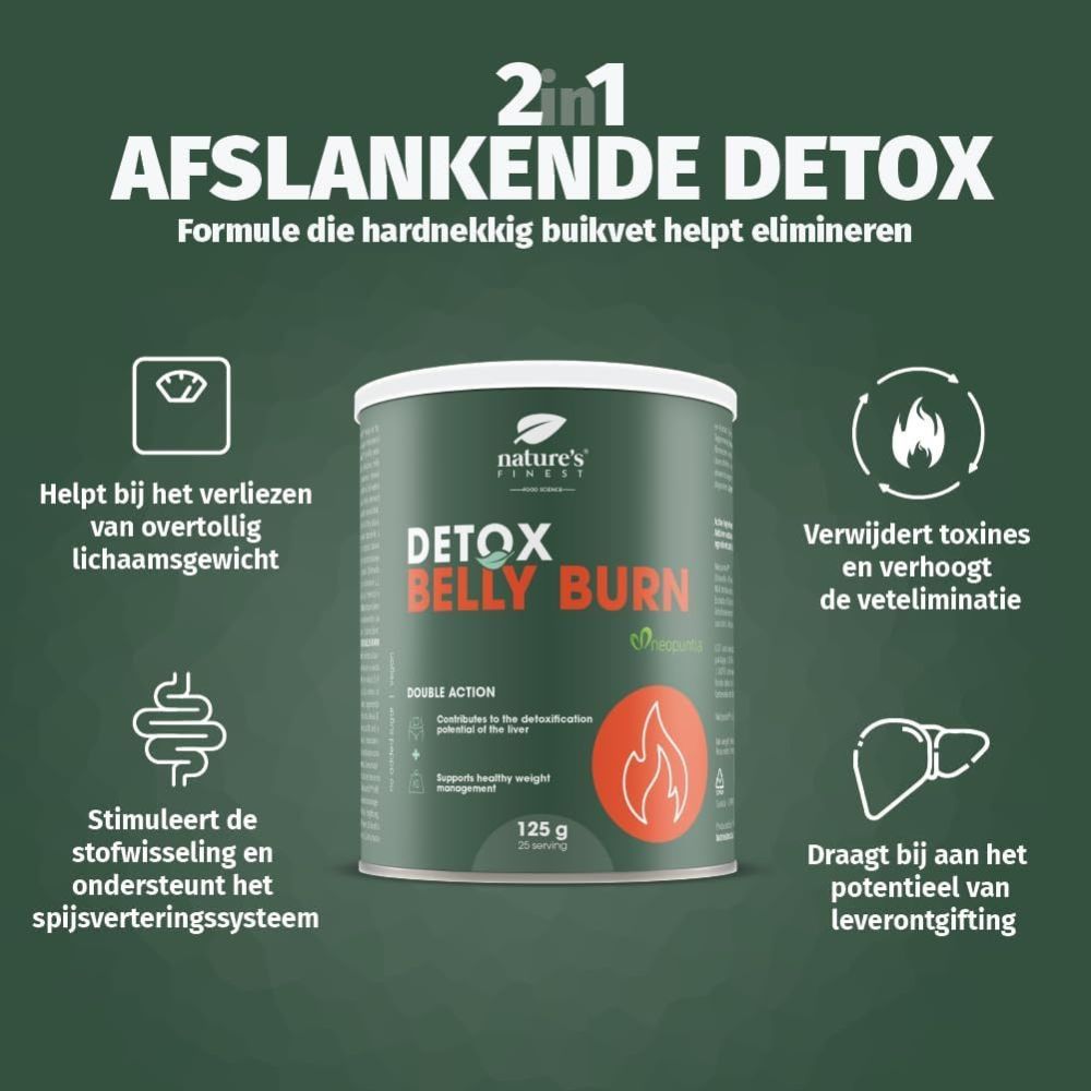 Product en ingrediënten: Mariadistel, Chlorella, Artisjokextract, Neopuntia. Detox Belly Burn. 125g. Poeder in glas.