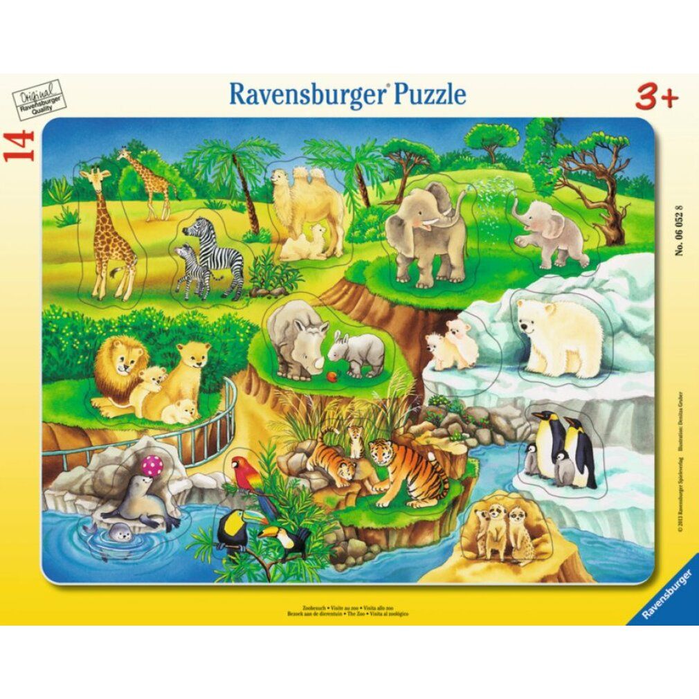 Puzzlespiel mit Tierabbildungen. 14 Teile. Giraffe, Zebra, Kamel, Elefant, Löwe, Nashorn, Eisbär, Pinguin, Tiger. Ravensburger Puzzle.