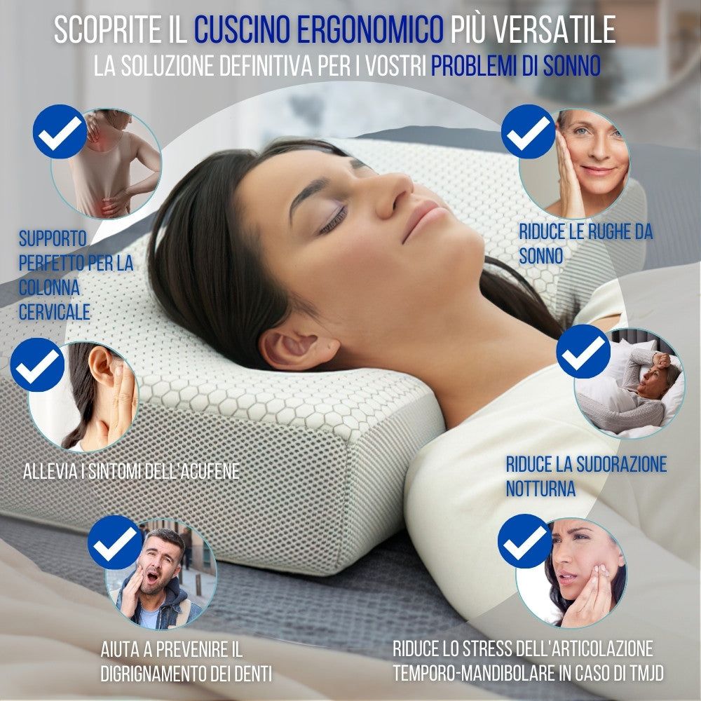 Donna sdraiata su un cuscino ergonomico. Testo: Allevia gli acufeni, riduce le rughe, ecc.