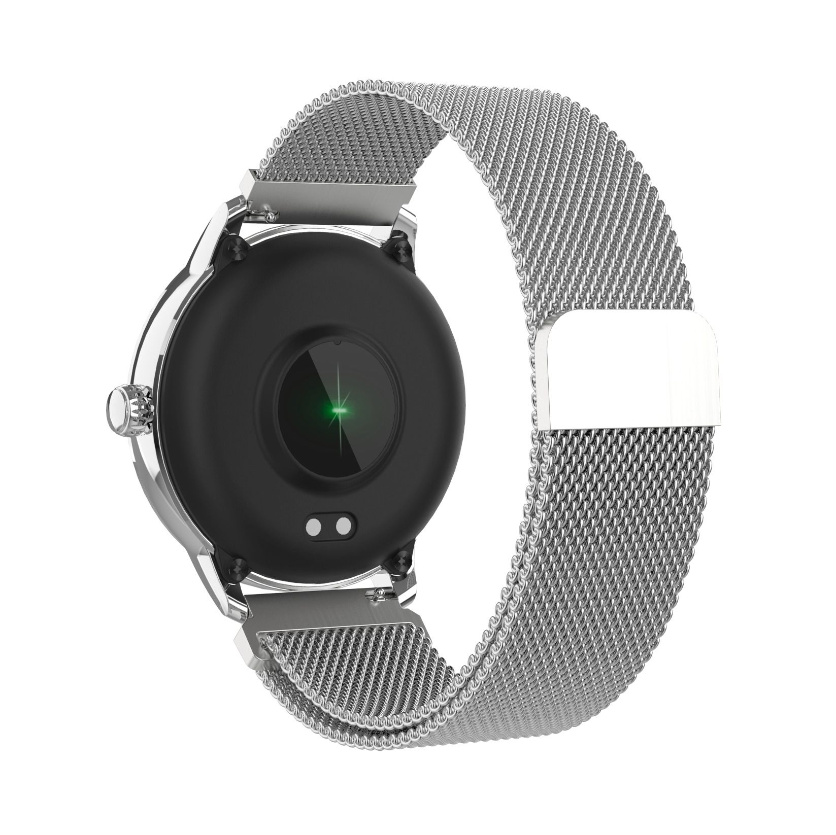 Rückseite einer silbernen Smartwatch mit Mesh-Armband. Schwarze Rückseite mit Sensor. Mesh-Armband.