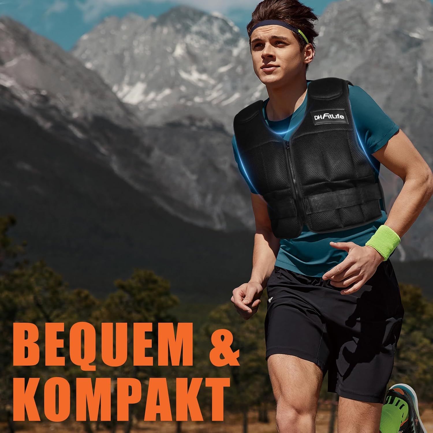 Mann rennt mit schwarzer DH FitLife Gewichtsweste. Berge im Hintergrund. Text: BEQUEM & KOMPAKT.