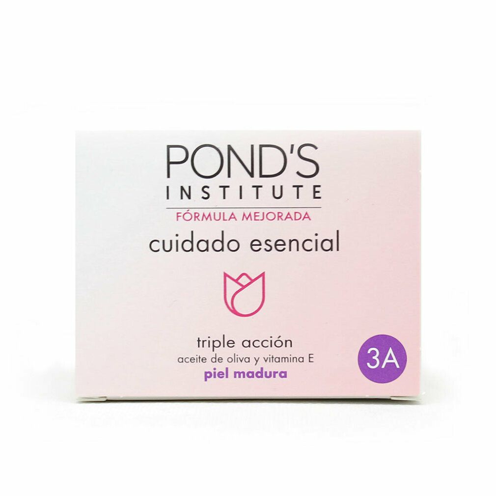 Verpackung von Pond's Institute. Aufschrift: cuidado esencial, triple acción, piel madura. Lila Akzent. Rosa-weißer Hintergrund.