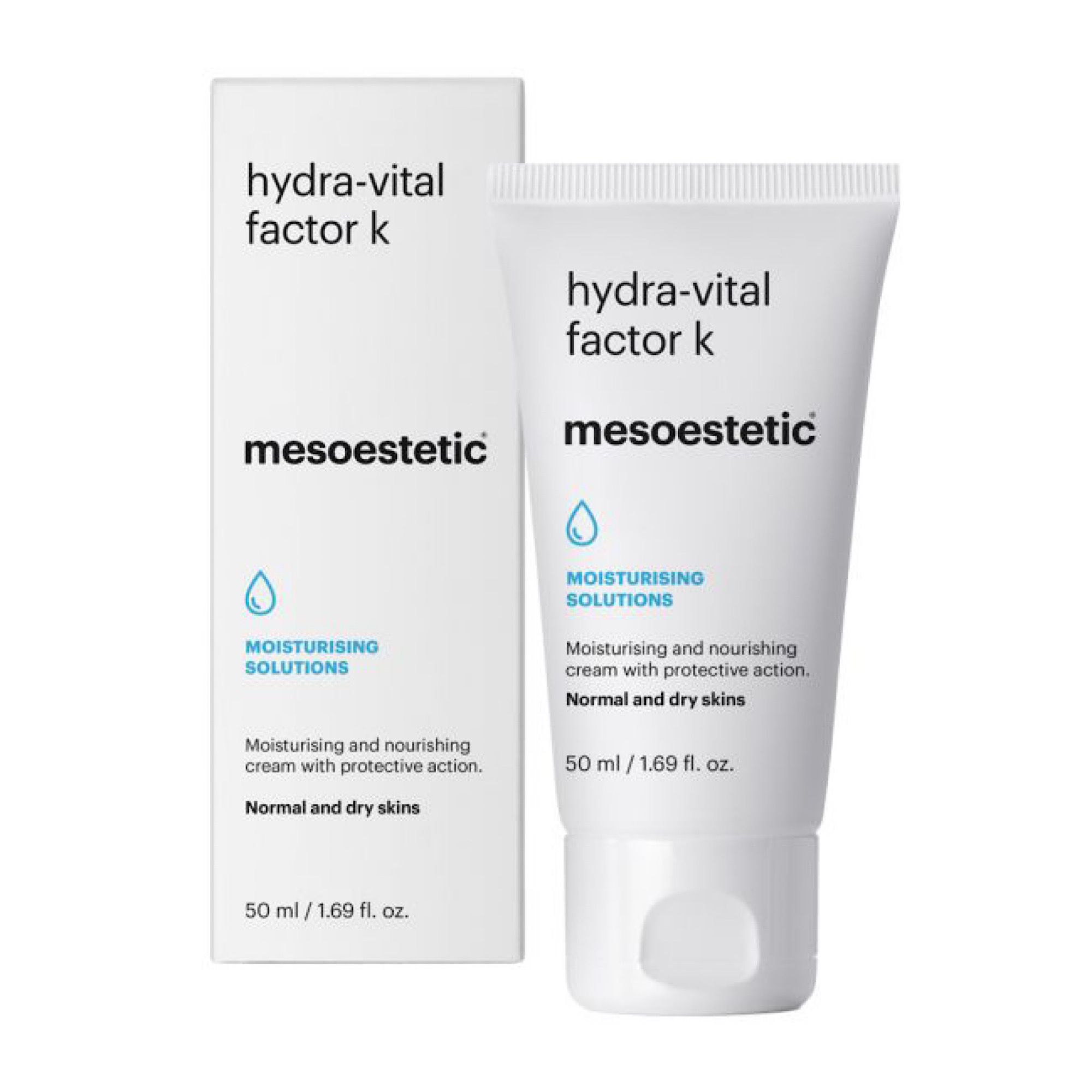 Weiße Tube und Schachtel mit Produktnamen und Logo. Aufschrift: hydra-vital factor k, mesoestetic, Moisturising Solutions.