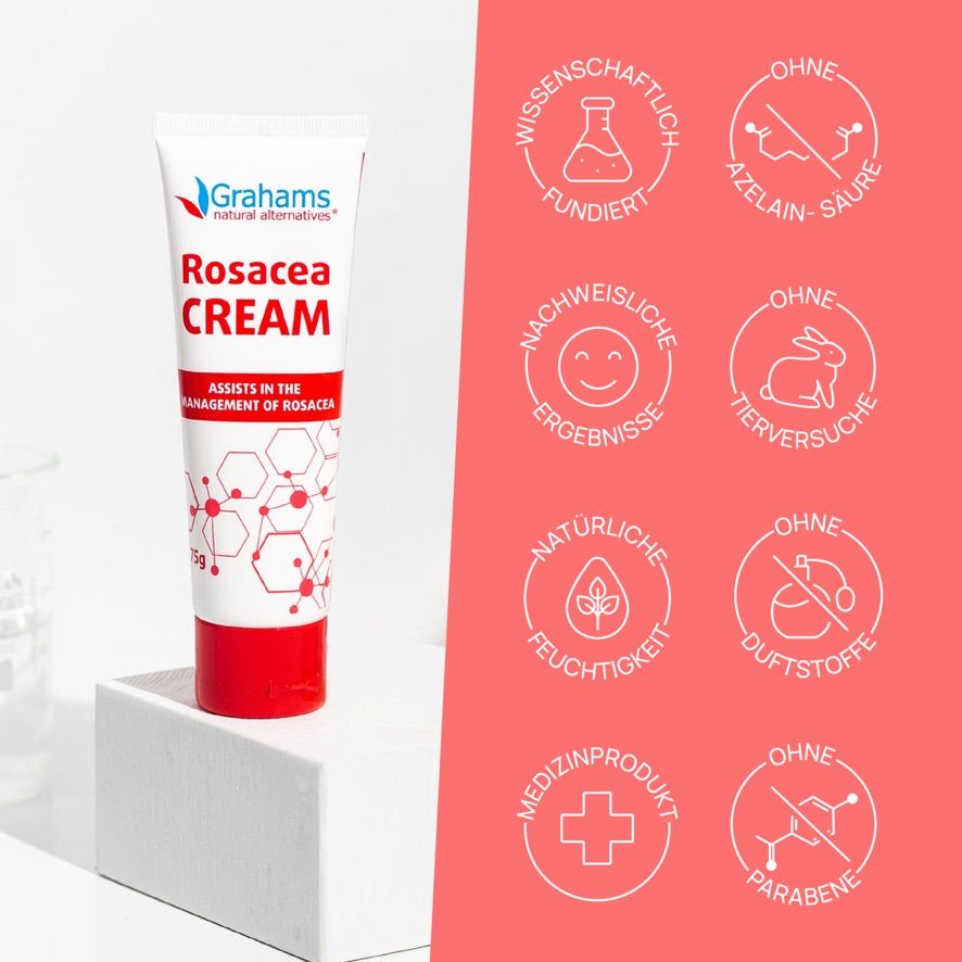 Tube Rosazea Creme. Logo von Grahams. Verschiedene Qualitätssiegel: wissenschaftlich fundiert, ohne Tierversuche, ohne Parabene.