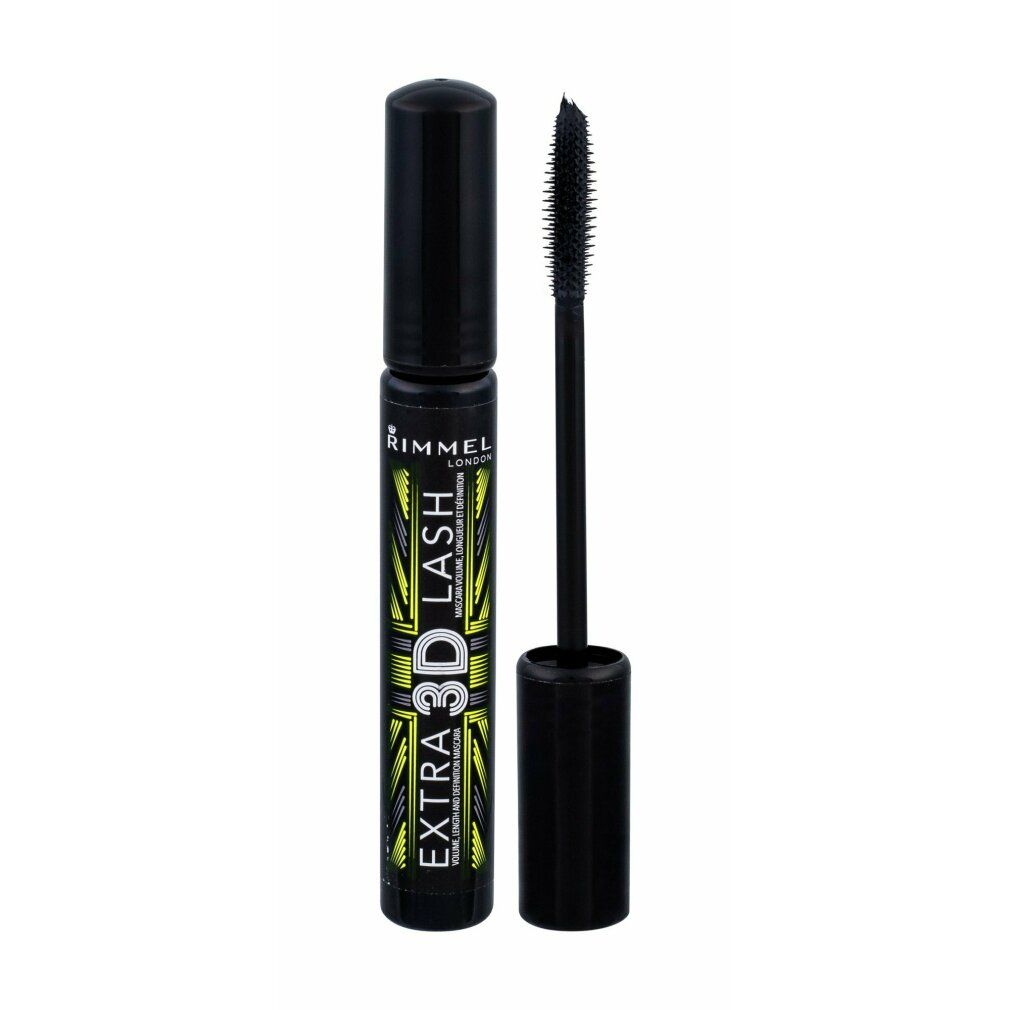Schwarze Mascara-Flasche mit Bürste. Aufschrift: EXTRA 3D LASH. Marke: Rimmel London. Deckel und Bürste sichtbar.
