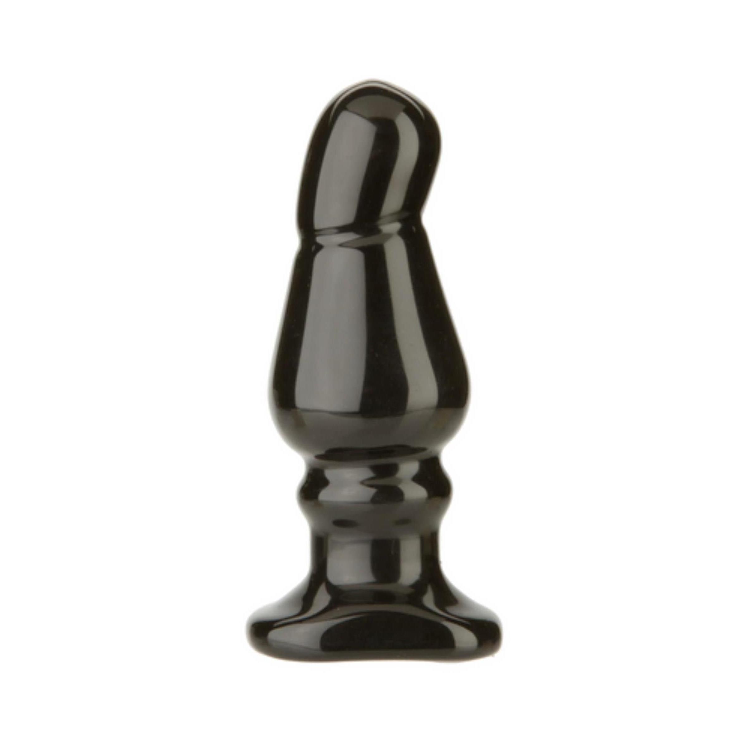 Schwarzer, anatomisch geformter Analplug. Form: Tropfenförmig mit breiter Basis.