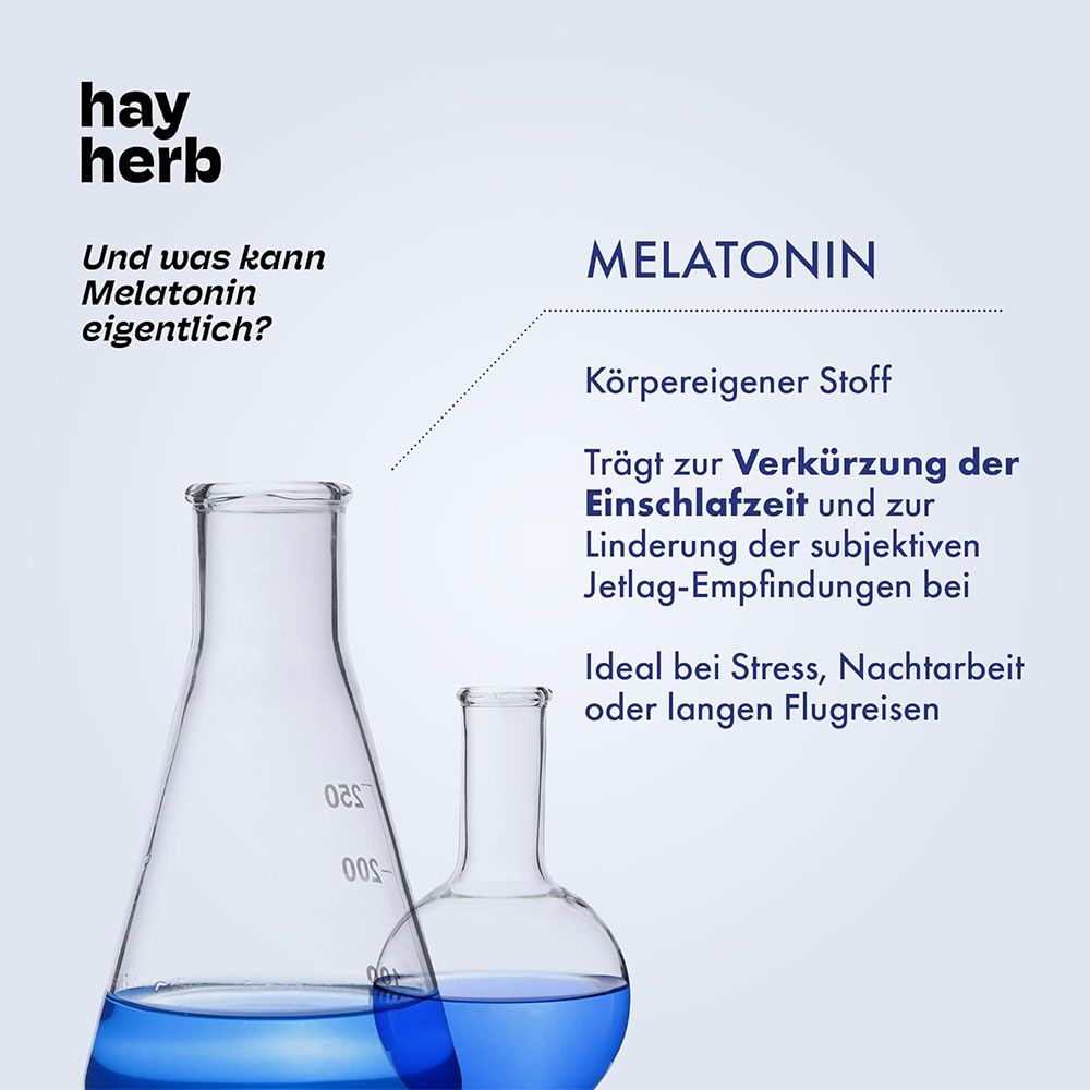 Zwei Laborflaschen mit blauer Flüssigkeit. Text: Und was kann Melatonin eigentlich? Informationen über Melatonin.