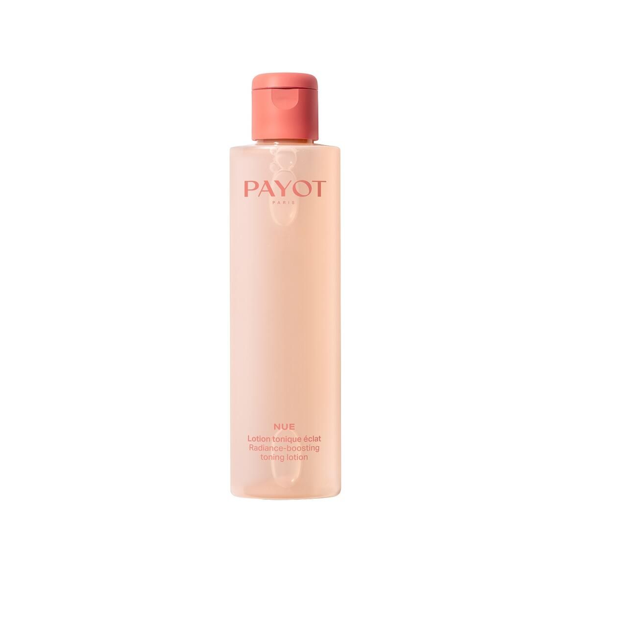 Payot Nue Lotion Tonique Éclat. Rosa Flasche mit rosafarbenem Deckel. Text: PAYOT, NUE, Lotion Tonique Éclat, Radiance-Boosting Toning Lotion.