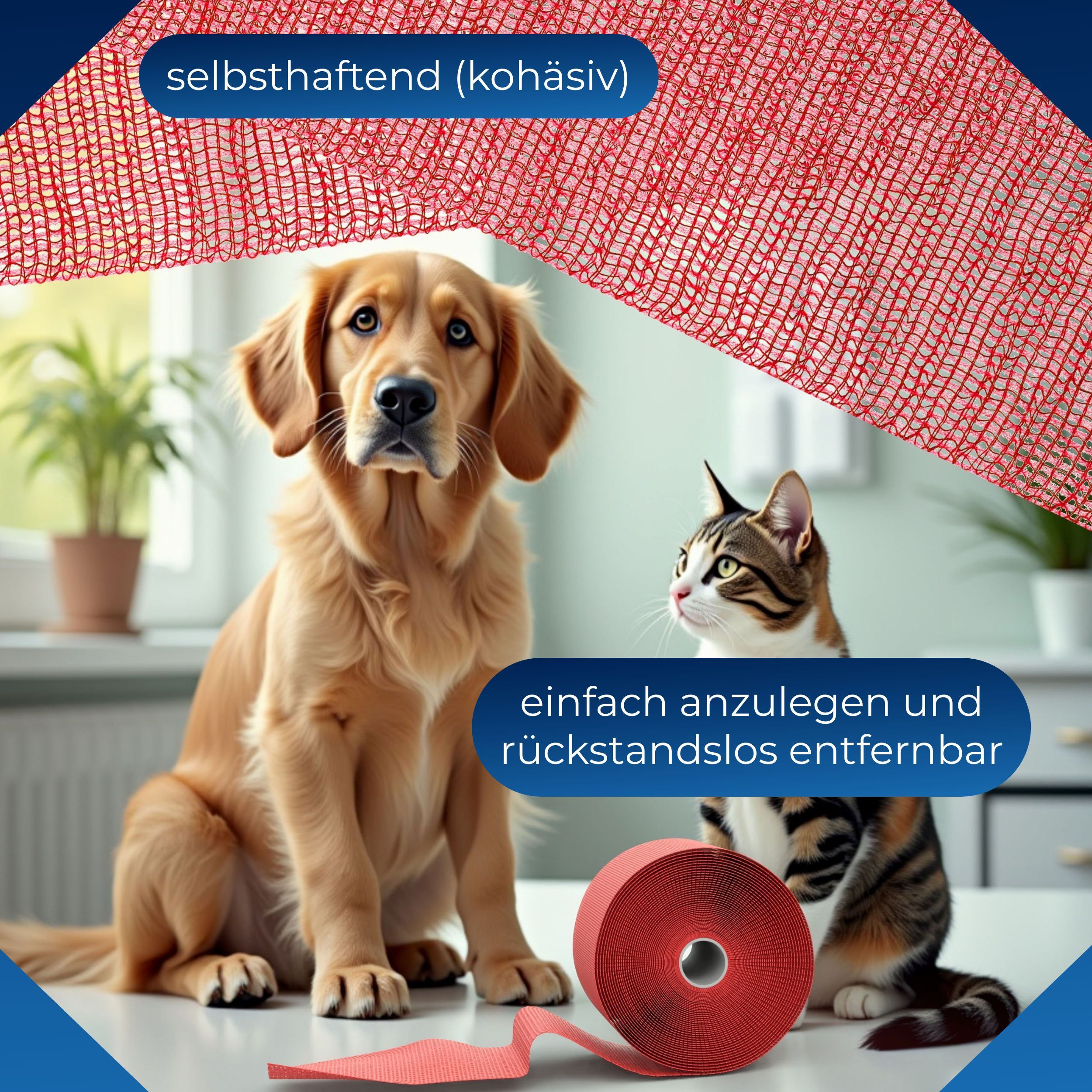 Rolle roter, kohäsiver Haftbandage. Text: 'selbsthaftend'. Hund und Katze. Auf Tisch. Freiliegendes Ende.