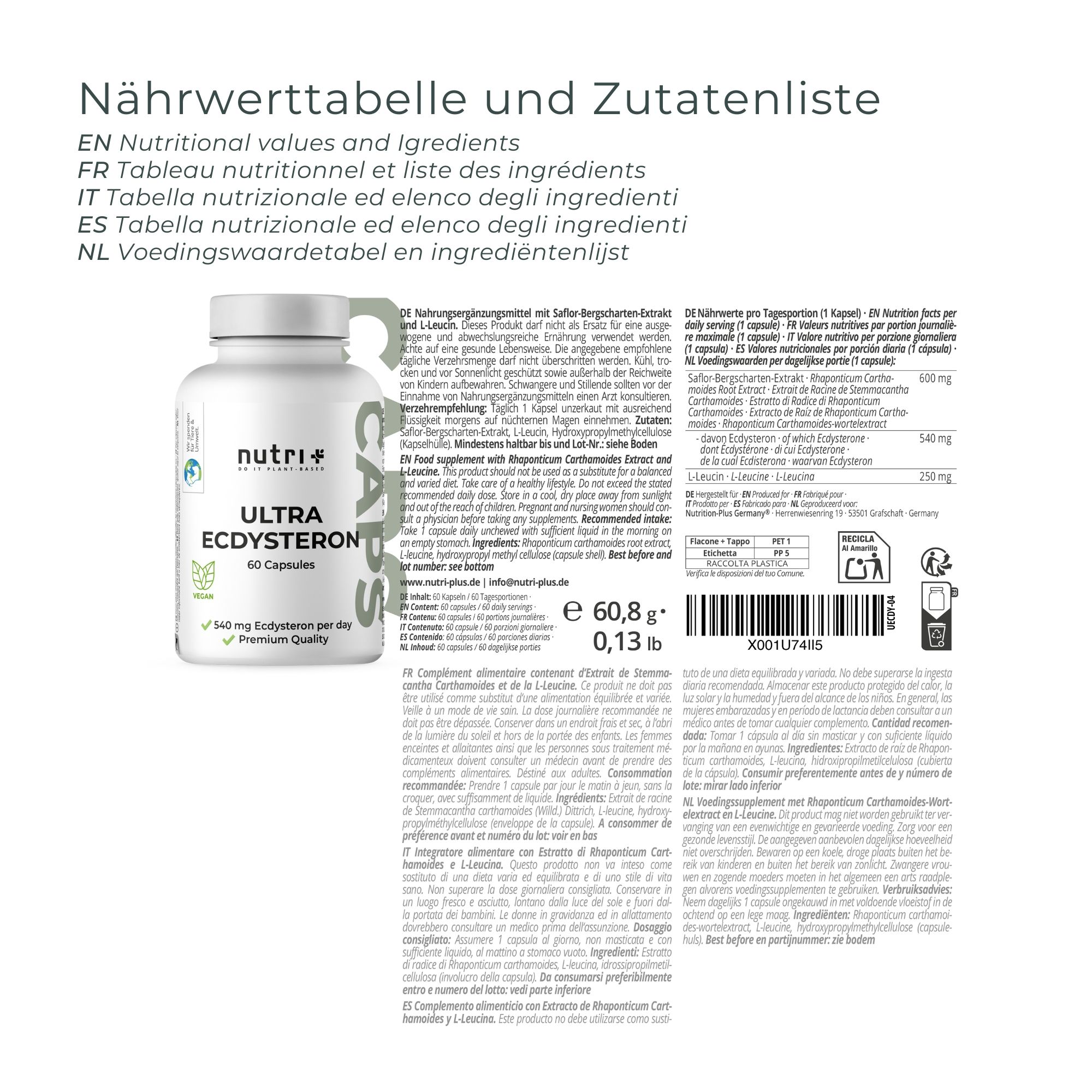 Nährwerttabelle und Zutatenliste. Flasche mit Kapseln. Text: Ultra Ecdysteron, 60 Kapseln. 540 mg Ecdysteron pro Tag. Premium Qualität. e 60,8 g, 0,13 lb.