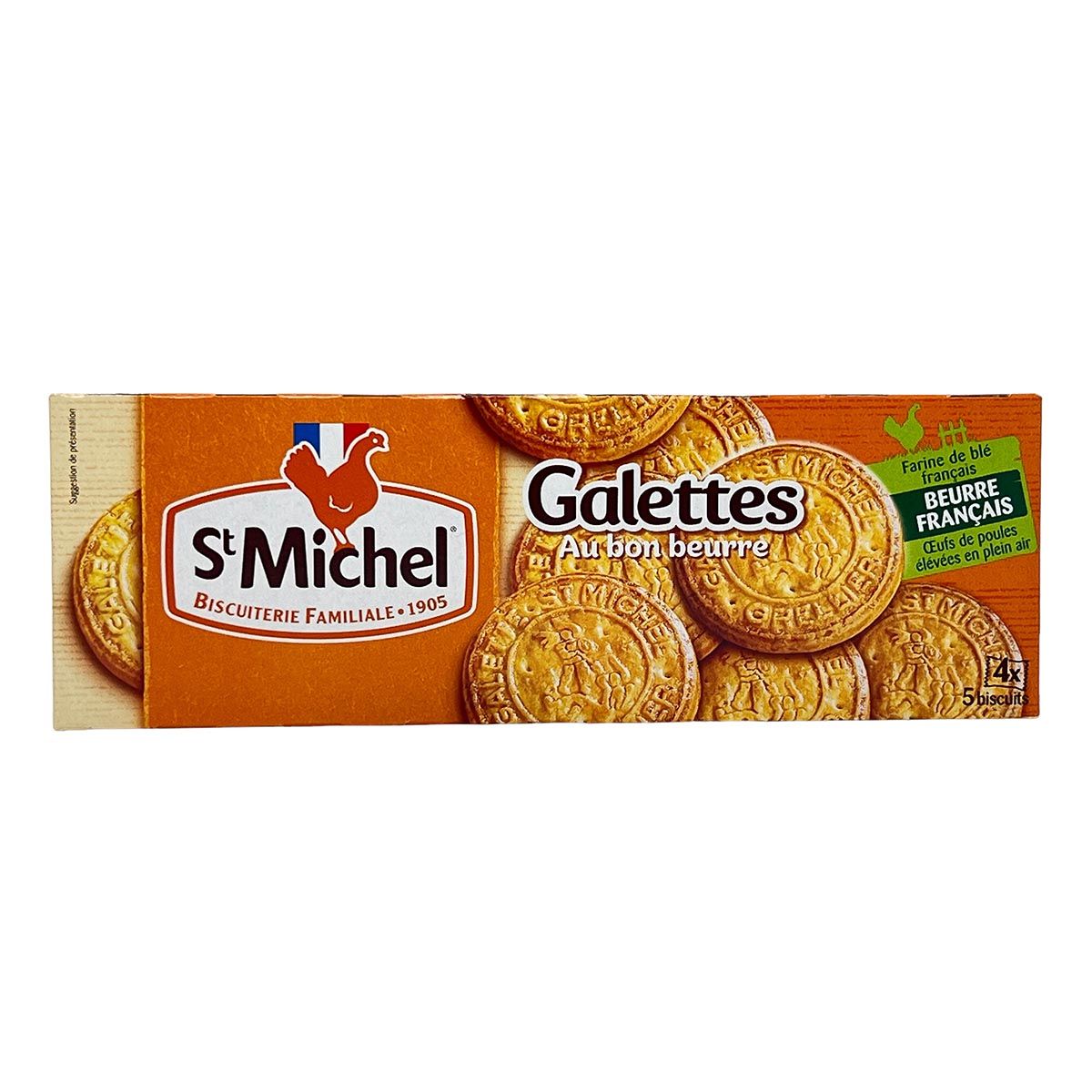 Verpackung mit Galettes. Aufschrift "St Michel" und "Galettes au bon beurre". Französische Butter und Eier.