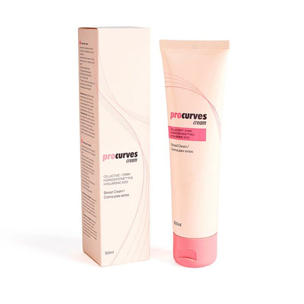 Creme-Tube und Schachtel. Aufschrift: Procurves cream. Brustcreme. Rosa und weiß.