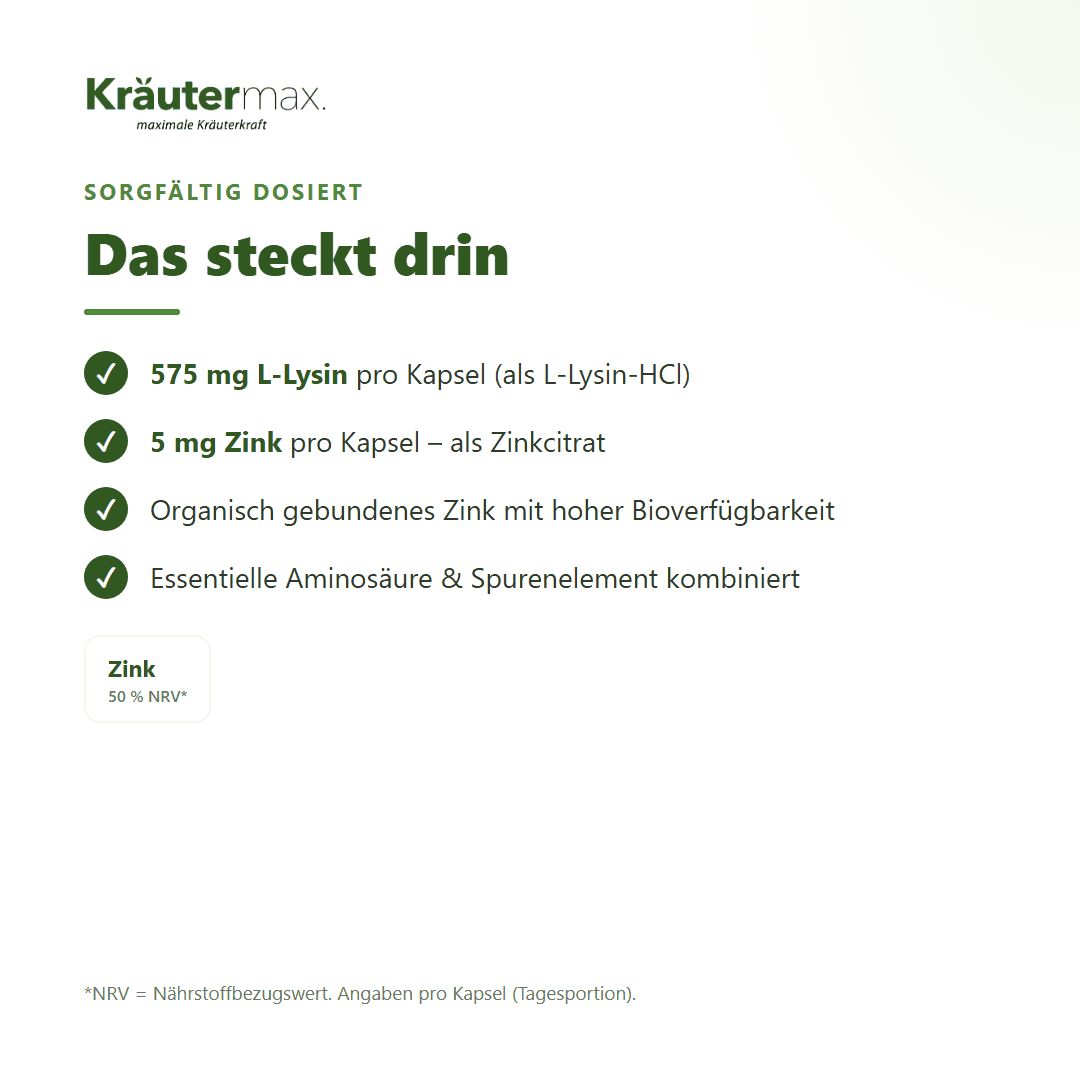 Anwendungshinweis: 1 Kapsel täglich mit Flüssigkeit schlucken. Zeigt Flasche L-Lysin+.