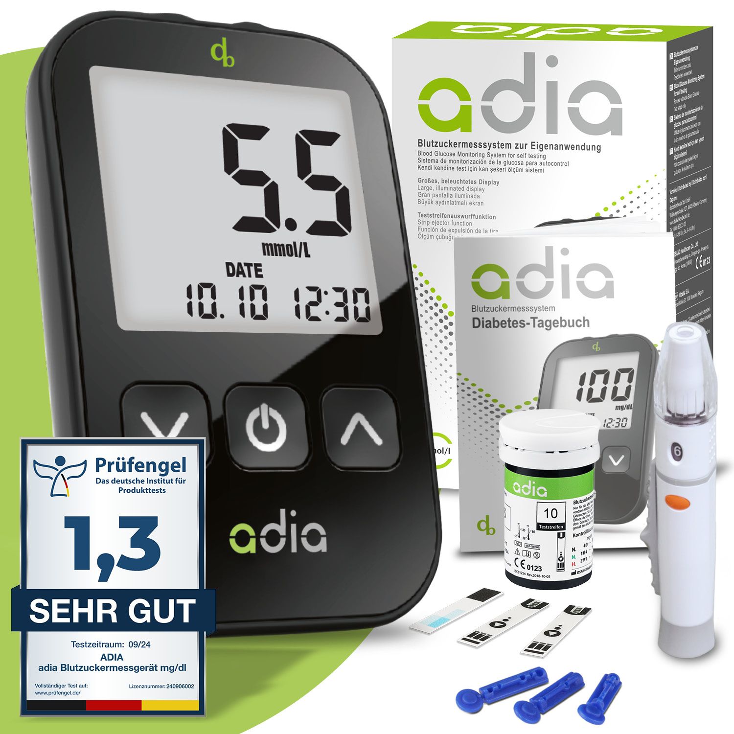 adia Blutzuckermessgerät-Set (mmol/L) + 10 Teststreifen