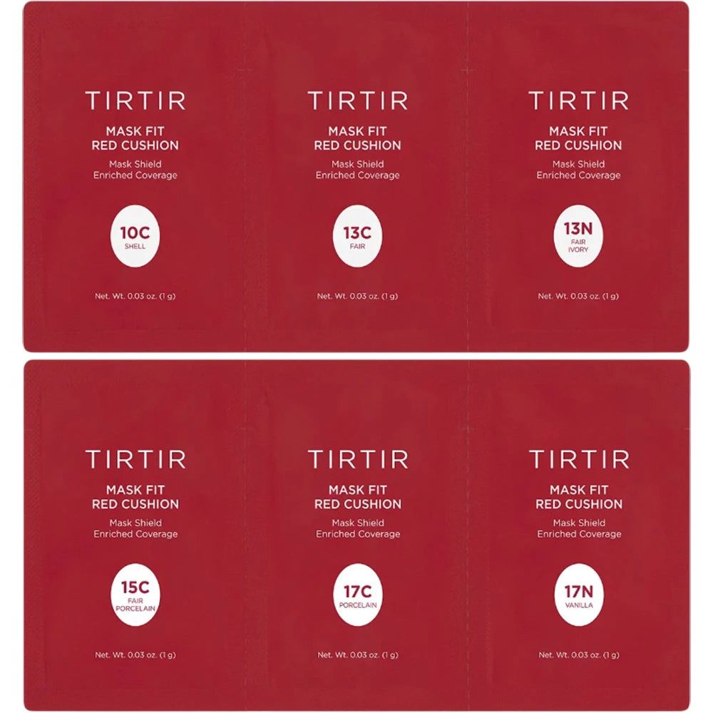 Sechs rote TIRTIR Mask Fit Red Cushion Packungen. Farbvarianten: 10C, 13C, 13N, 15C, 17C, 17N. Enthalten je 0,03 oz (1g).