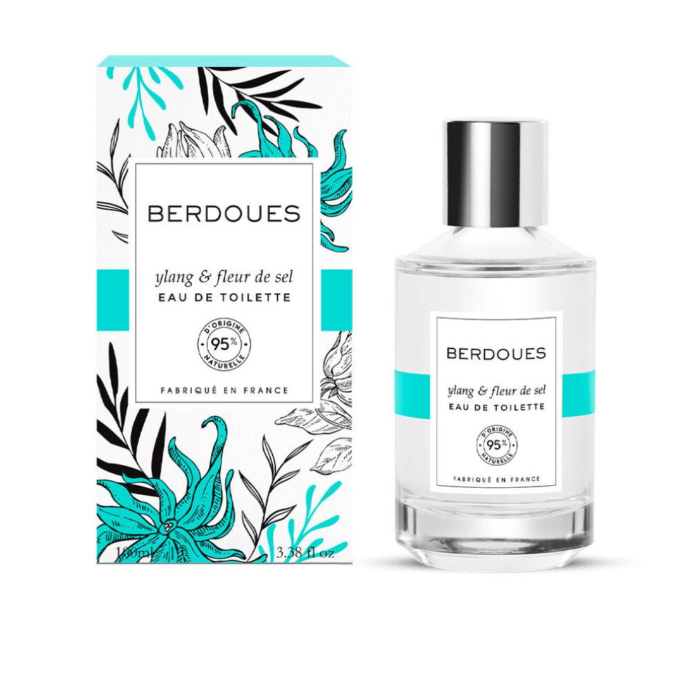 Flakon und Schachtel mit floralem Design. Aufschrift: ylang & fleur de sel Eau de Toilette. 95% naturelle. Hergestellt in Frankreich.