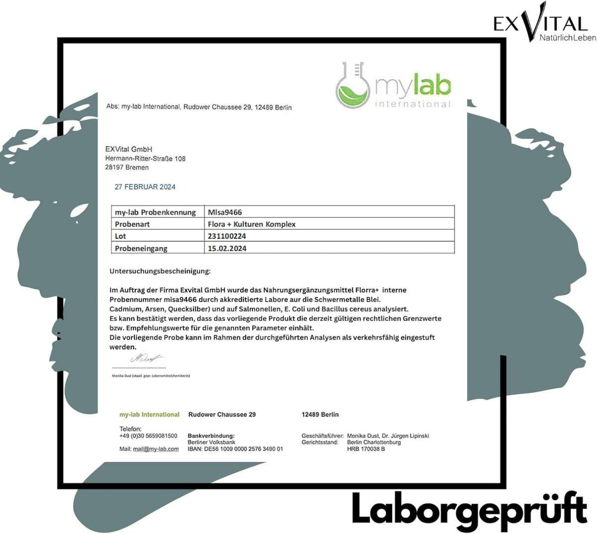Laborbericht. Text: mylab International, Probenbezeichnung: Flora+ Kulturen Komplex. Logo: mylab International. Text: Laborgeprüft.