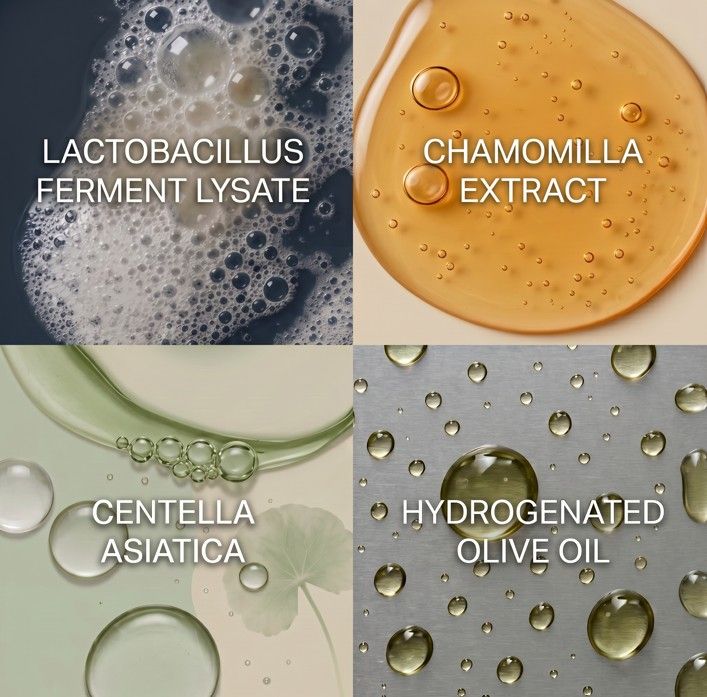 Vier Quadrate zeigen Inhaltsstoffe: Schaum, Kamillenextrakt, Centella Asiatica, Olivenöl.