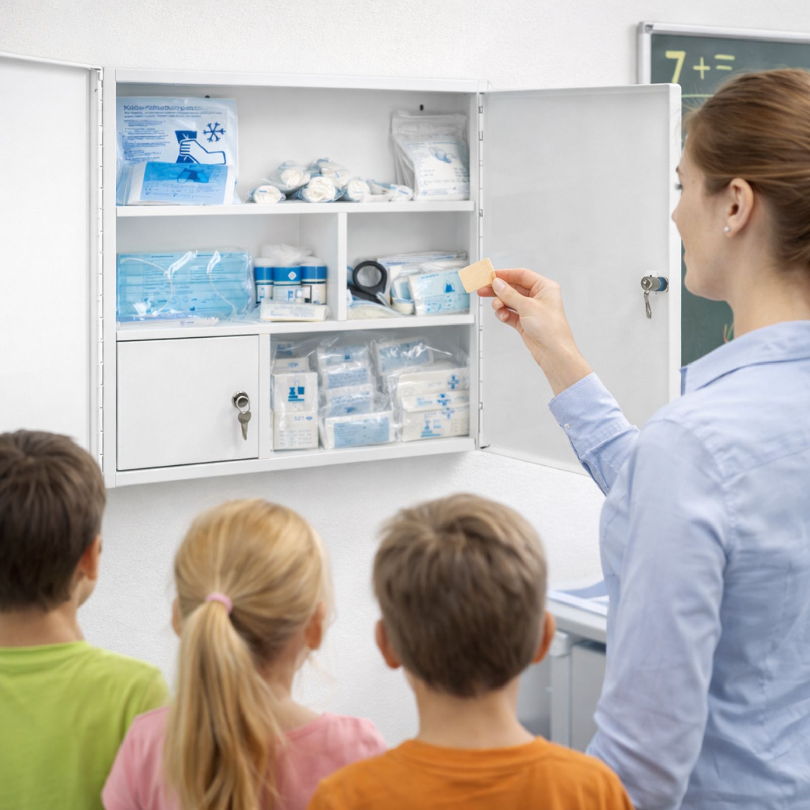 Verbandschrank geöffnet, gefüllt mit medizinischen Artikeln. Eine Person zeigt auf ein Pflaster.