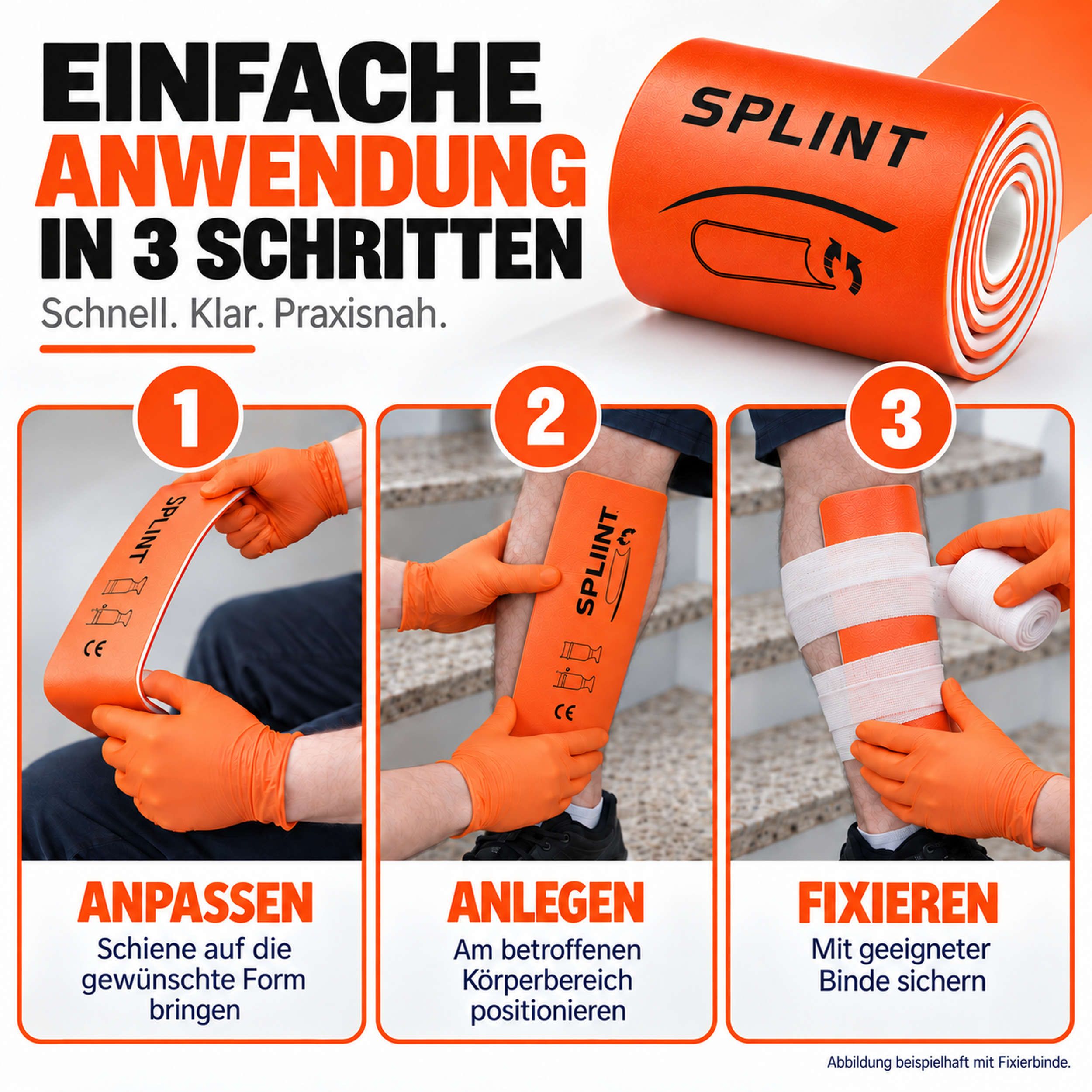 Anwendung der Pulox Splint Schiene in 3 Schritten: Anpassen, Anlegen, Fixieren mit Bandagen.