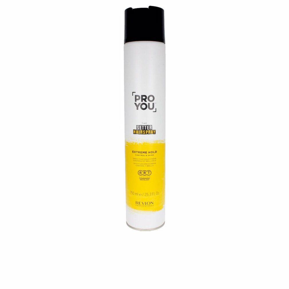 Haarspray-Dose, weiß mit schwarzem Deckel. Gelbes Etikett mit Text: PRO YOU, THE SETTER HAIRSPRAY, EXTREME HOLD. Marke: Revlon.
