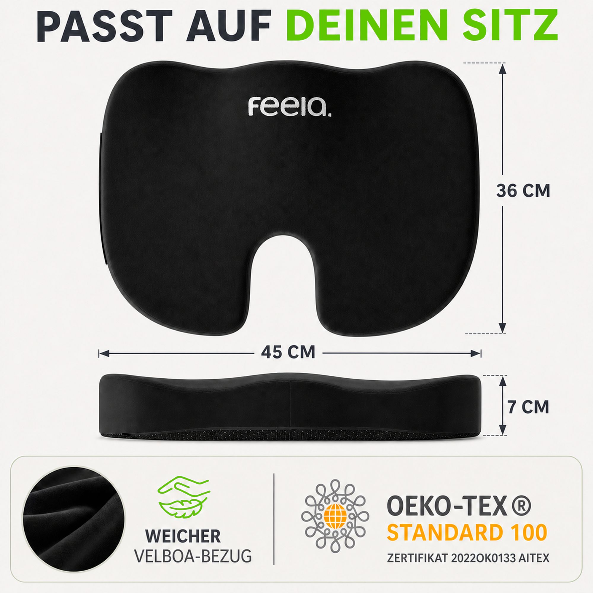 Maße des Kissens: 45x36x7 cm. Weicher Velboa-Bezug, OEKO-TEX® Standard 100.