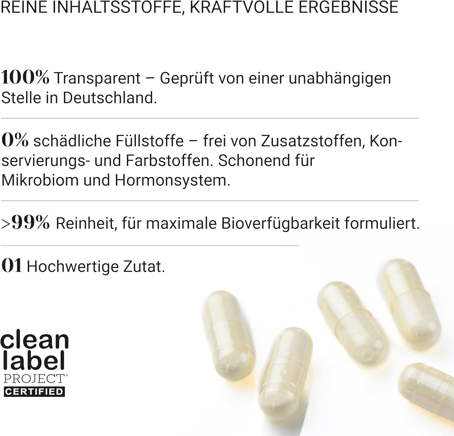 Kapseln. Text: Reine Inhaltsstoffe, kraftvolle Ergebnisse. Clean Label Project zertifiziert.