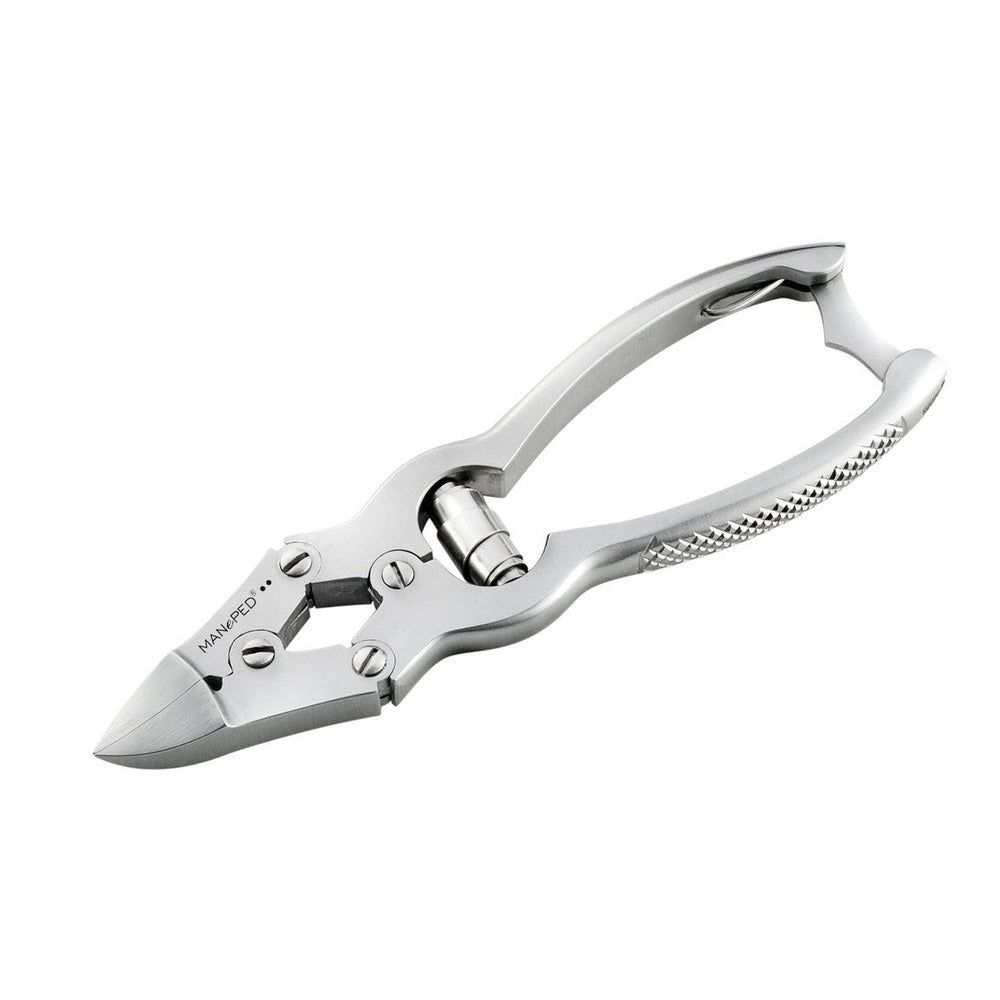 Nagelzange mit Doppelgetriebe. Metall, silberfarben. MANePED-Logo. Schrägansicht.
