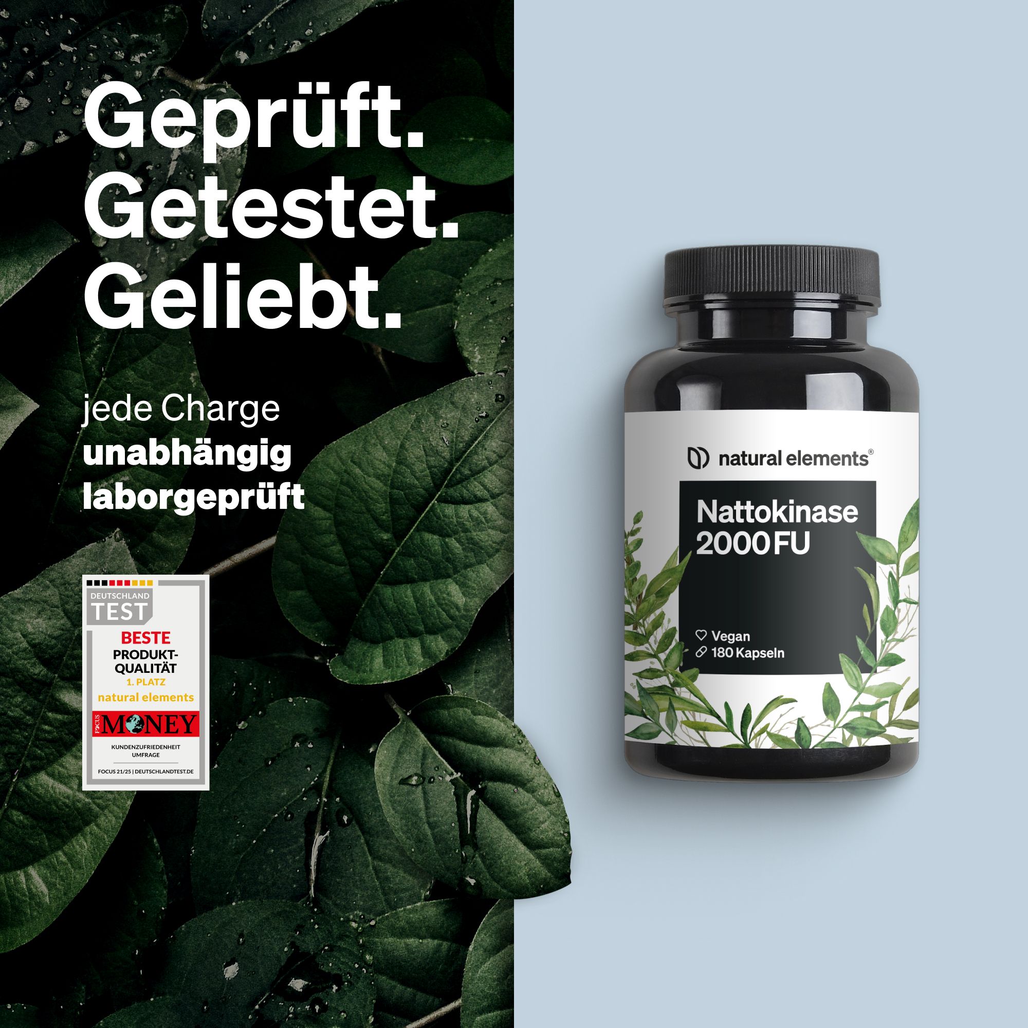 Schwarze Flasche mit weißem Etikett. Aufschrift: Nattokinase 2000 FU, 180 Kapseln, vegan. Marke: natural elements. Mit Test-Siegel.