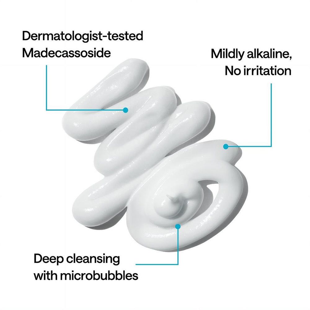 Weiße Reinigungspaste mit Beschriftungen: Dermatologisch getestet, mild alkalisch, tiefenreinigend.