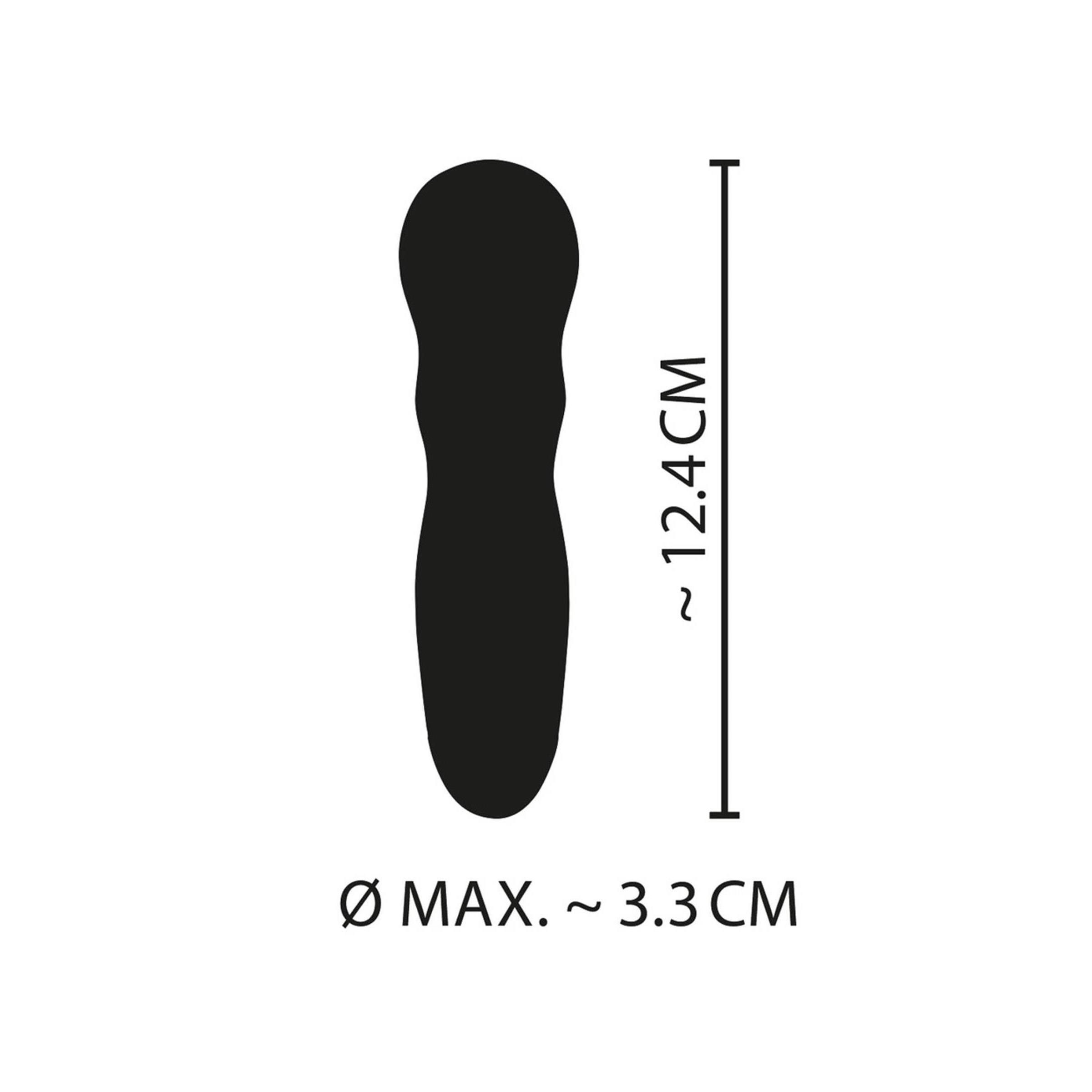 Schwarze Silhouette eines Mini-Vibrators. Abmessungen: 12,4 cm lang, max. 3,3 cm Durchmesser.