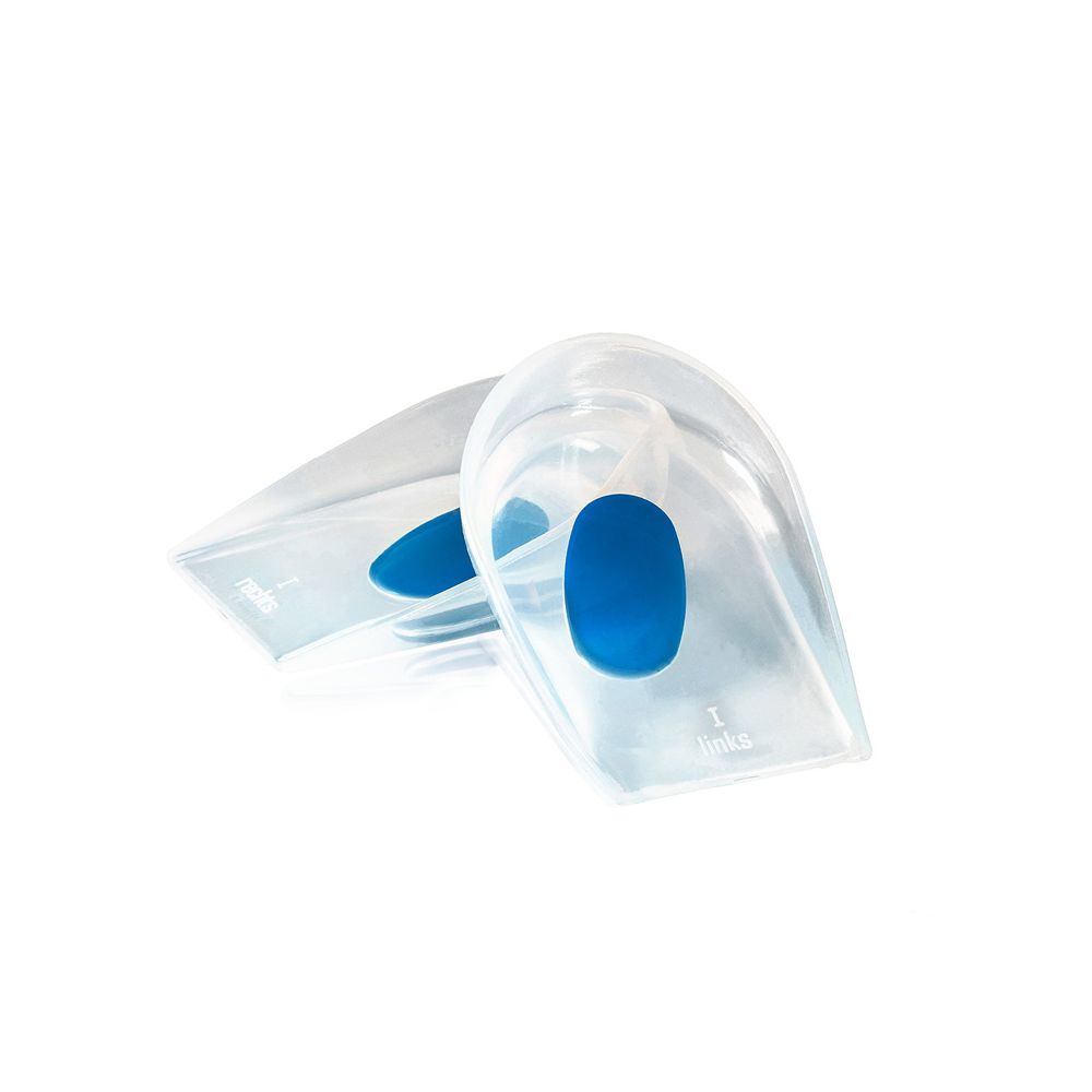 Zwei transparente Fersenkissen mit blauem Einsatz. Auf weißem Hintergrund.