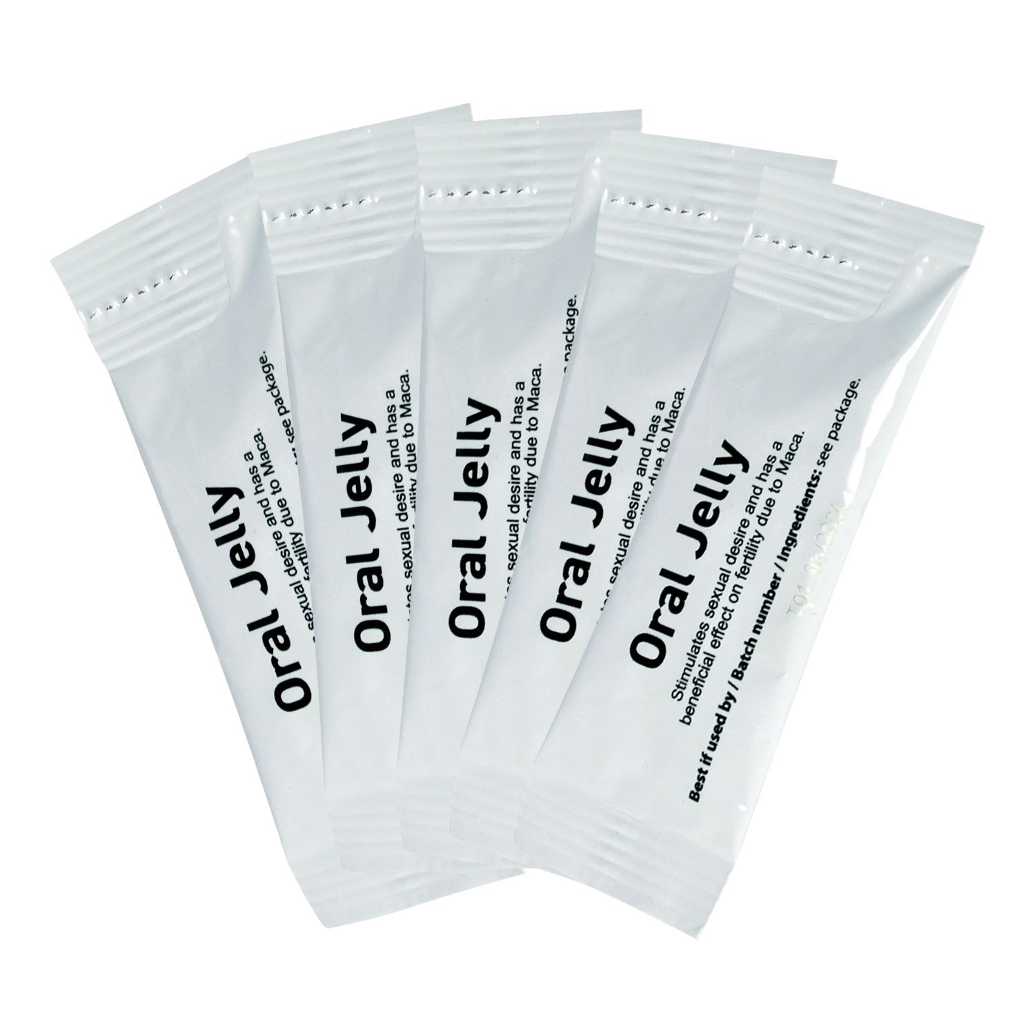 Fünf einzelne Beutel Oral Jelly, ein Nahrungsergänzungsmittel für Männer und Frauen.