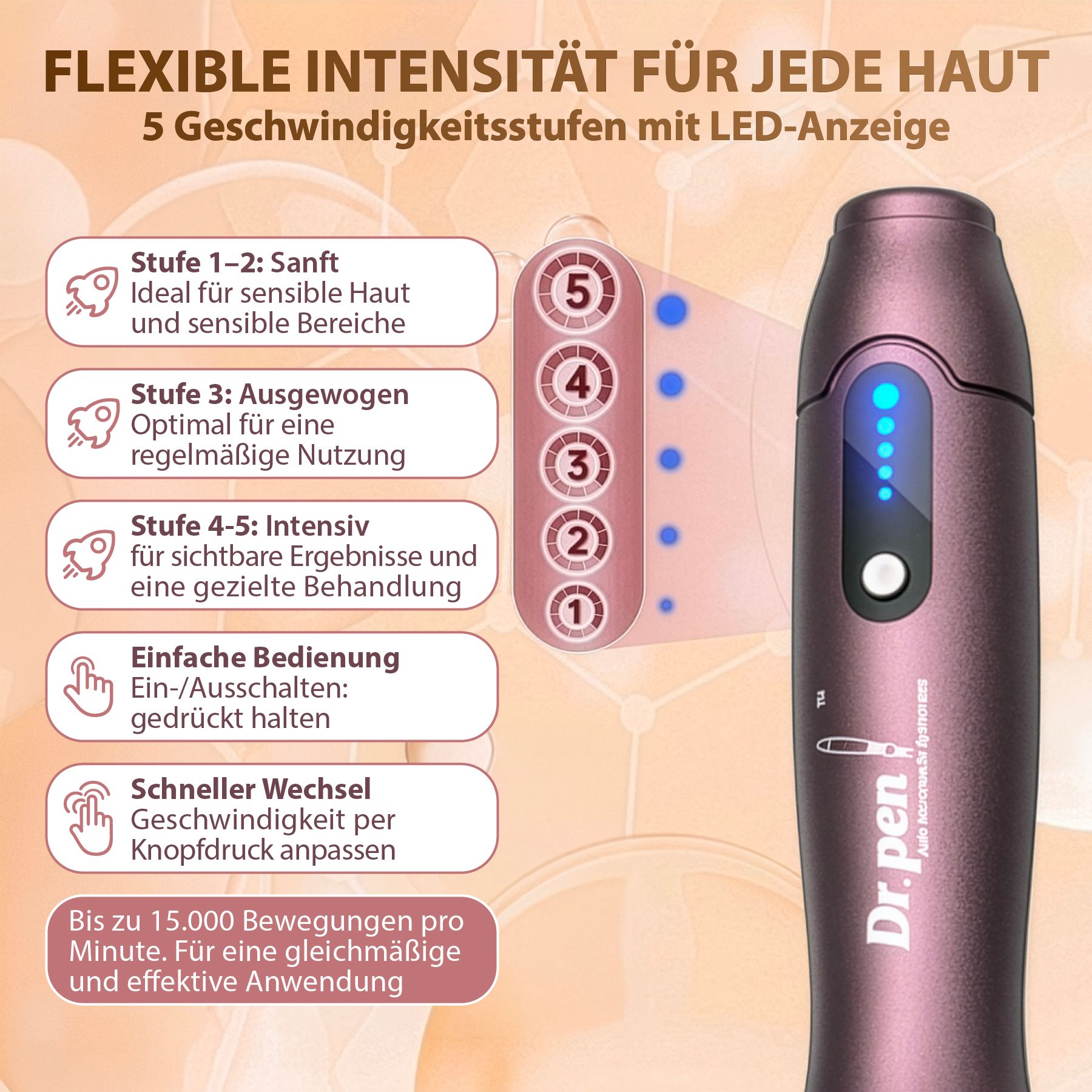 Lila Dr. Pen Hautpflegegerät mit LED-Anzeige und 5 Geschwindigkeitsstufen.