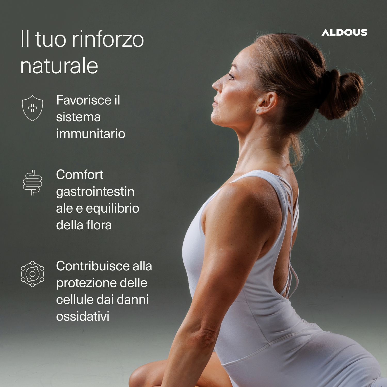 Frau in Yoga-Pose, Aldous Olio di Origano unterstützt das Immunsystem.