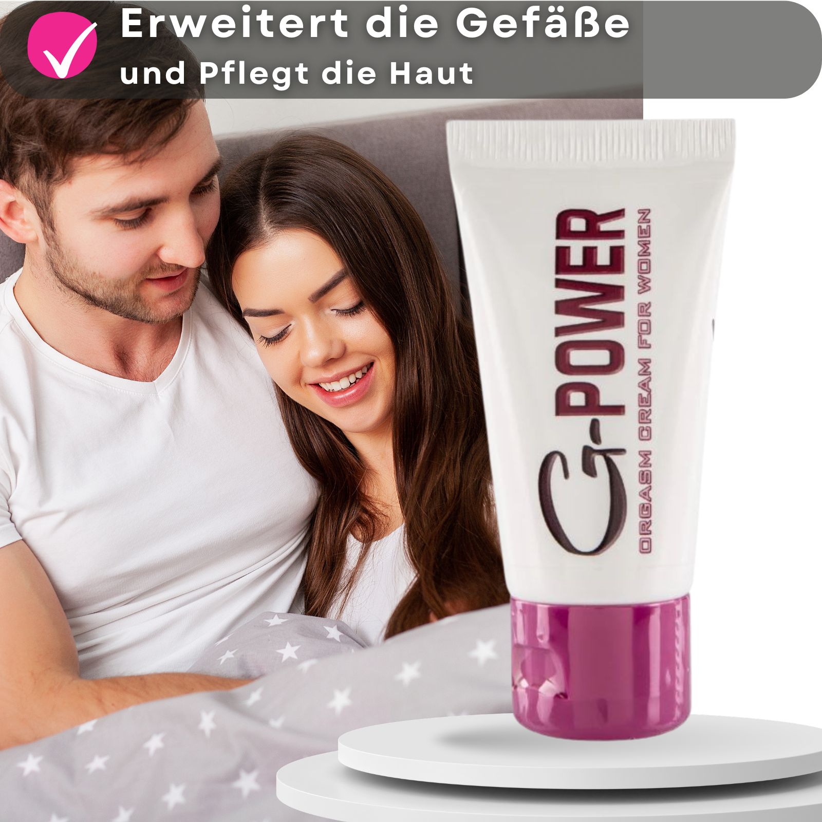G-POWER Creme-Tube. Paar im Hintergrund. Text auf rosa Hintergrund. Produktname G-POWER.