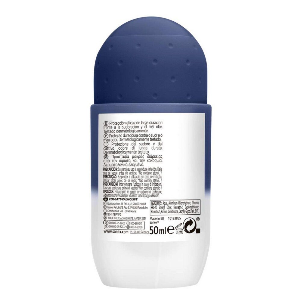 Rückseite des Sanex Men Active Control Roll-On. Text in mehreren Sprachen. Volumen: 50ml. Herstellerinformationen und Logos.