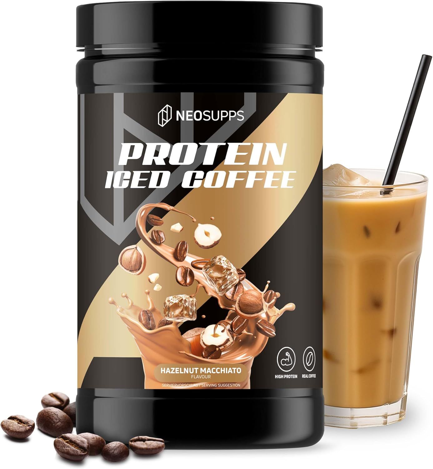 Schwarze Dose Protein Iced Coffee, Glas Eiskaffee, Kaffeebohnen. Hazelnut Macchiato. Logo Neosupps.