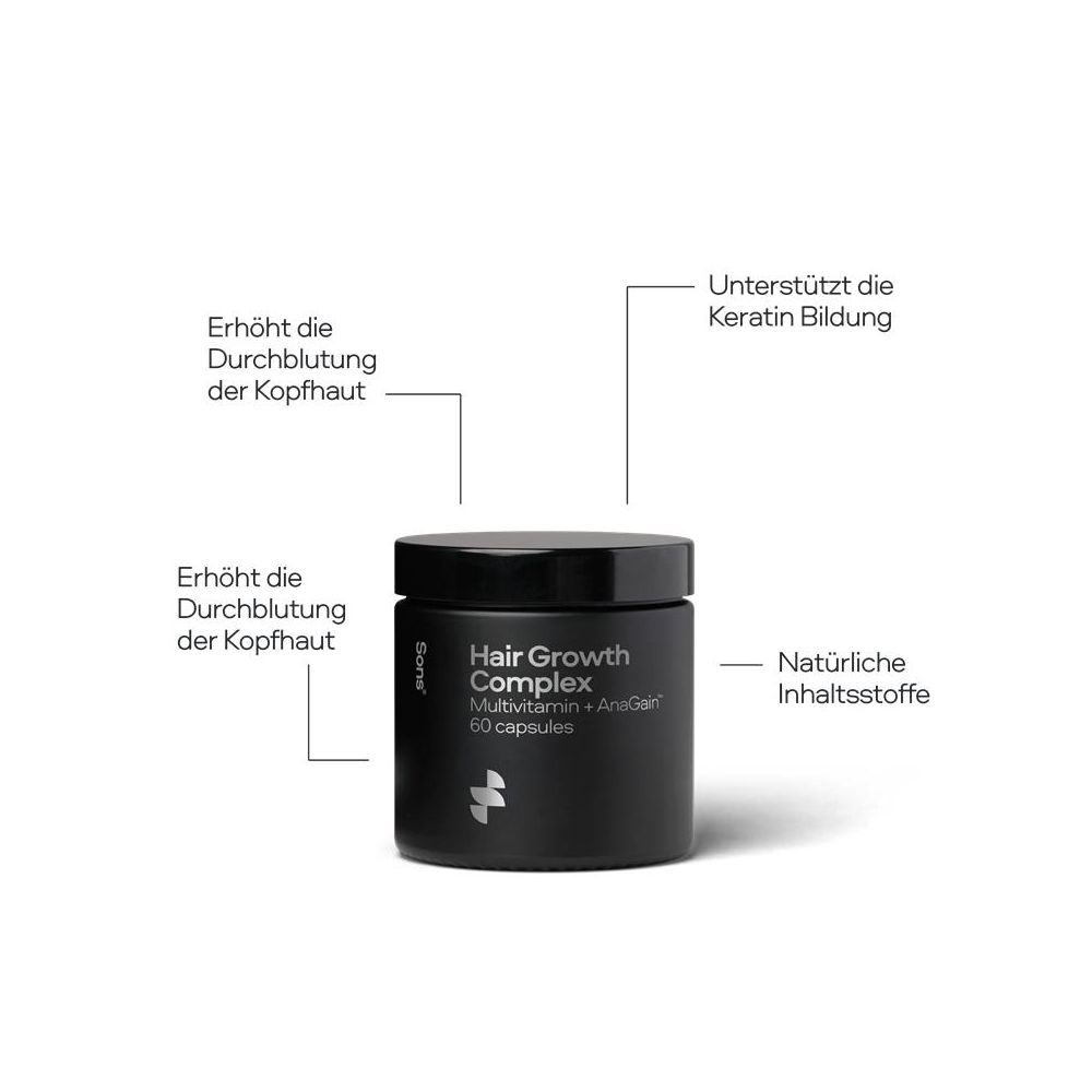 Schwarze Dose mit Deckel. Aufschrift: Hair Growth Complex, Multivitamin + AnaGain, 60 Kapseln. Pfeile zeigen auf Text.