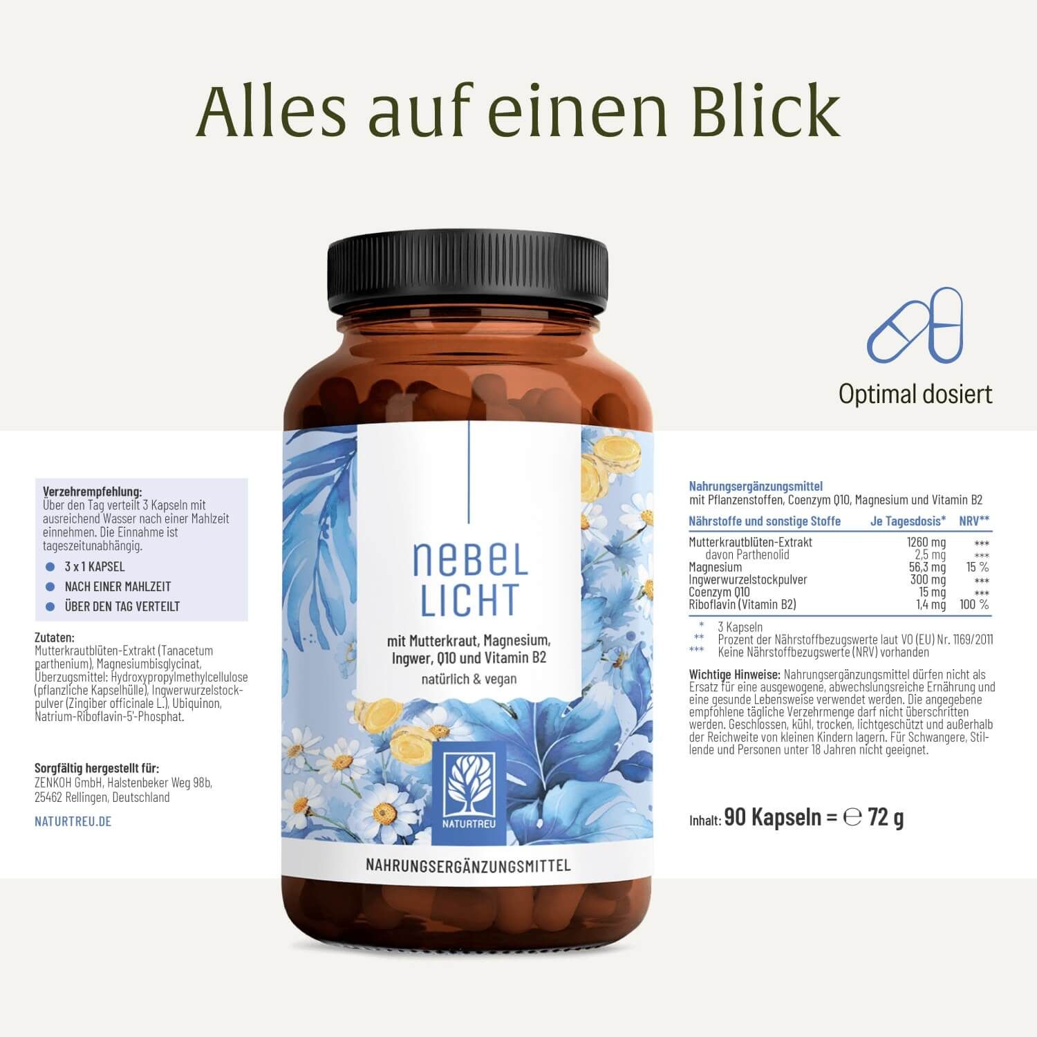 Flasche Mutterkraut Komplex hochdosiert mit Nährwertangaben und Dosierungshinweisen.