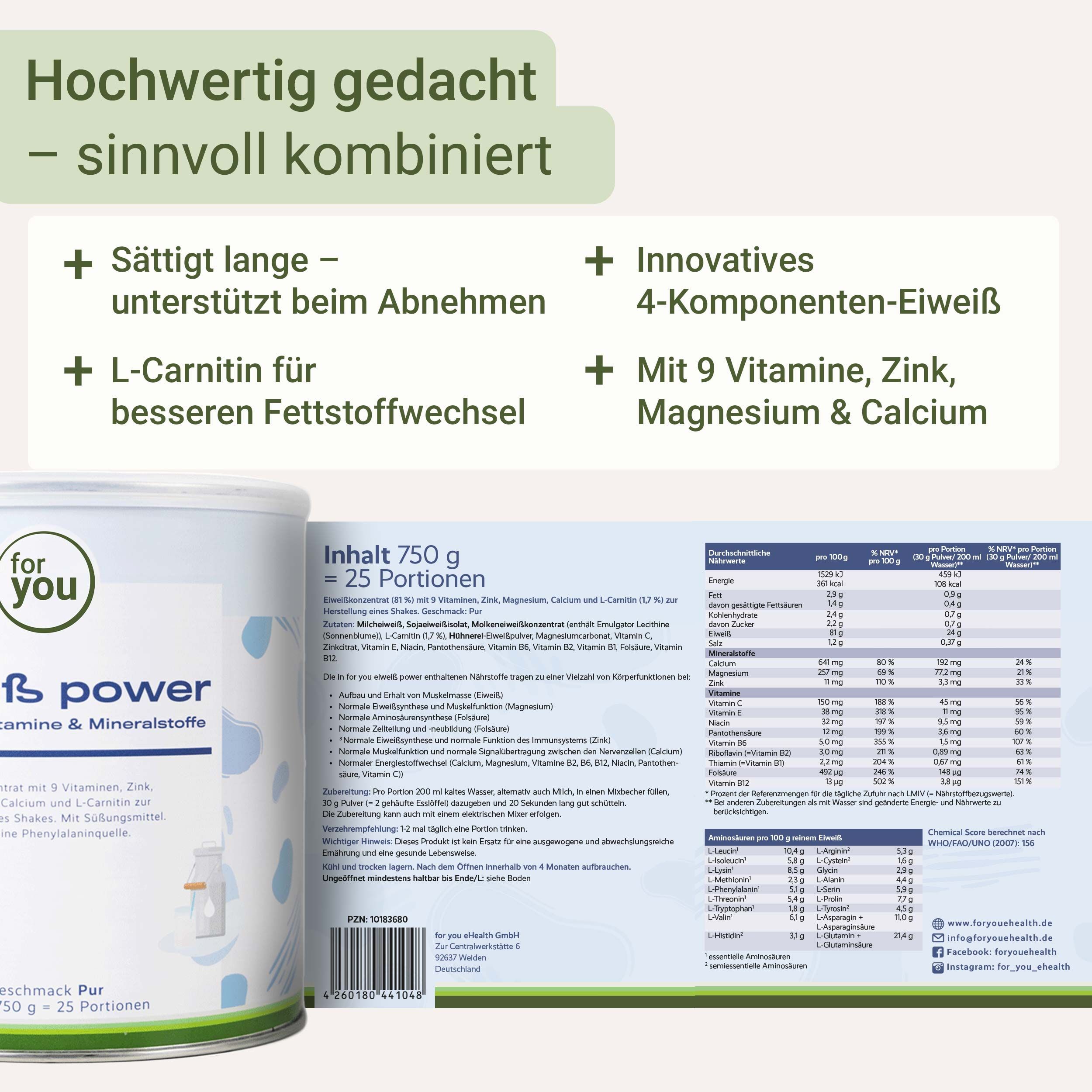 Dose und Verpackung. Text: für you Eiweiß Power, 750g, 25 Portionen, mit Vitaminen, Zink, Magnesium, Calcium.