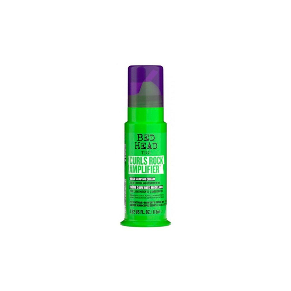 Grüne Flasche mit lila Deckel. Aufschrift: Bed Head TIGI Curls Rock Amplifier. Mega Shaping Cream. 3.82 US fl. oz. / 113ml.