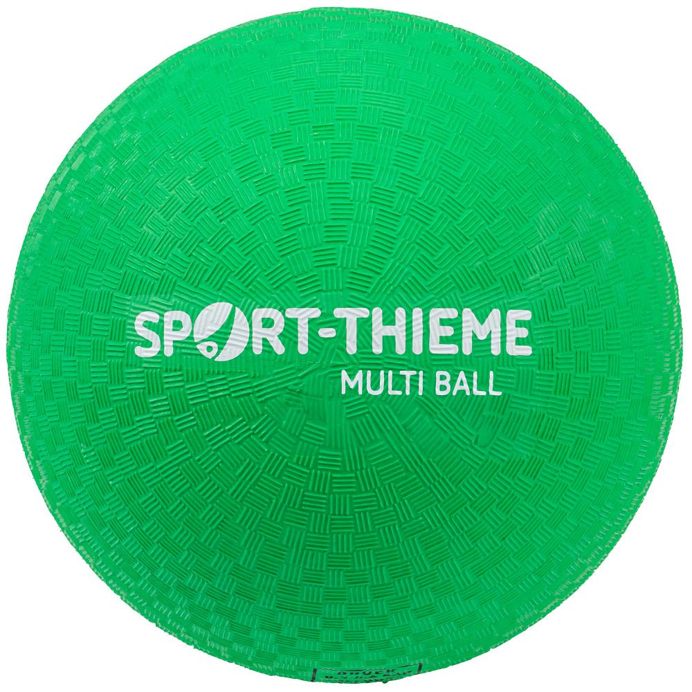 Grüner Ball mit Sport-Thieme-Logo und Multi Ball-Schriftzug. Oberfläche mit Musterung.
